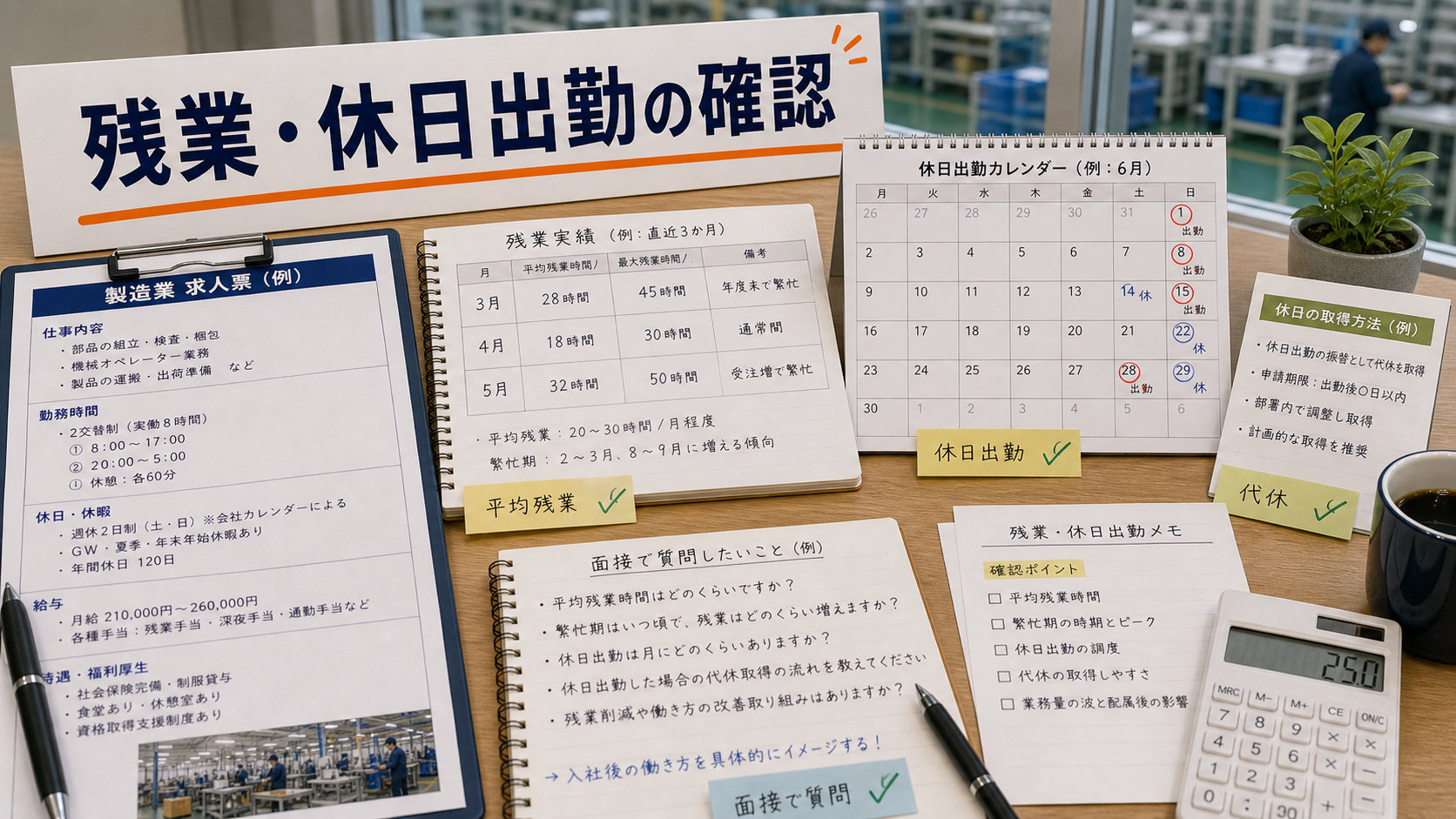 第7章「残業・休日出勤の実態を応募前に確認する方法」の要点を整理したインフォグラフィック。質問テンプレートをメモ帳に書き出したイメージ。「通常月」「繁忙期」の2列に分けた残業時間比較メモが中心