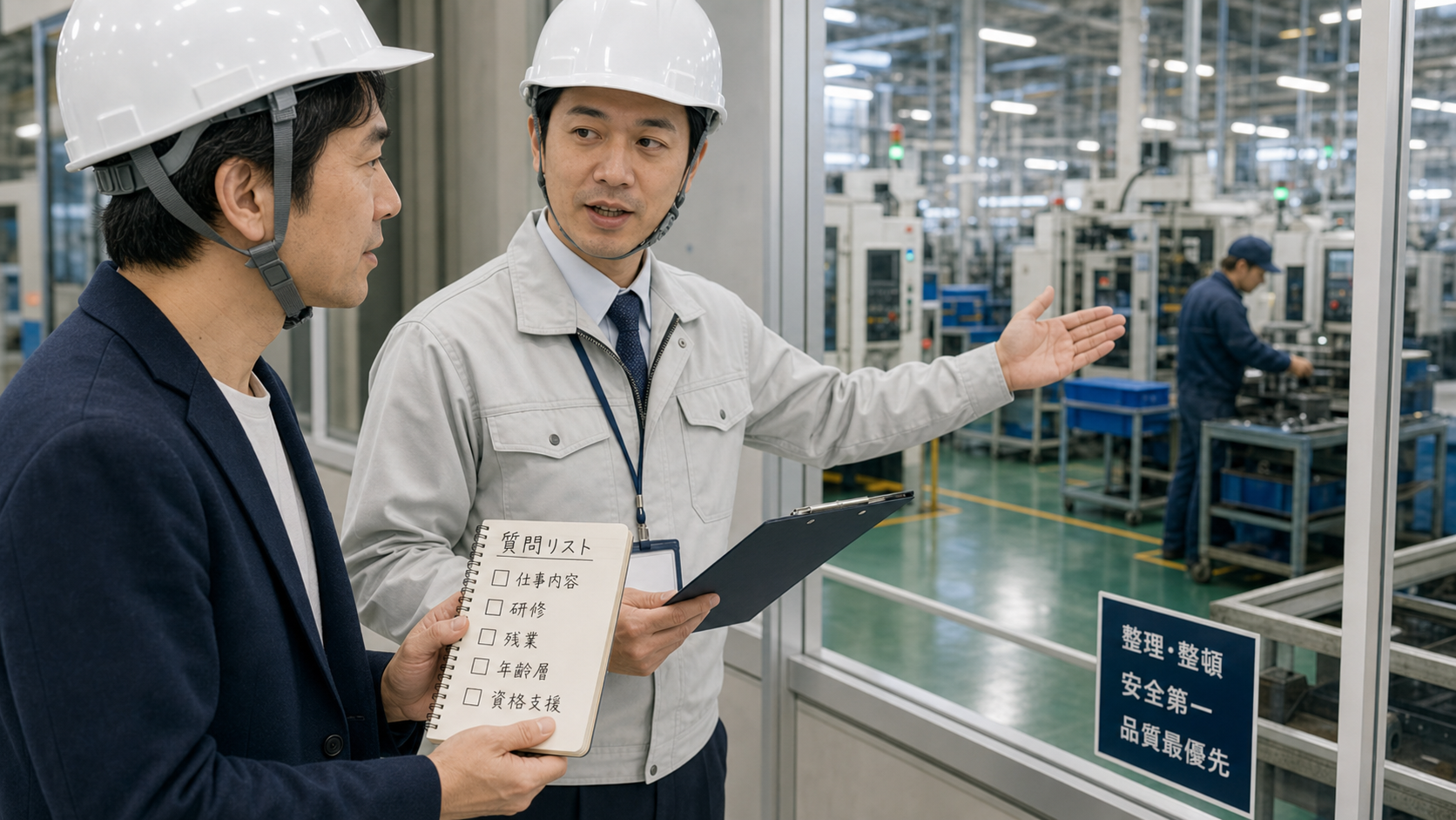 第7章「応募前・面接・見学で使える質問リスト」の要点を整理したインフォグラフィック。応募前→面接→見学の3フェーズを横に並べ、各フェーズに質問アイコンとチェックマークを配置したフロー図
