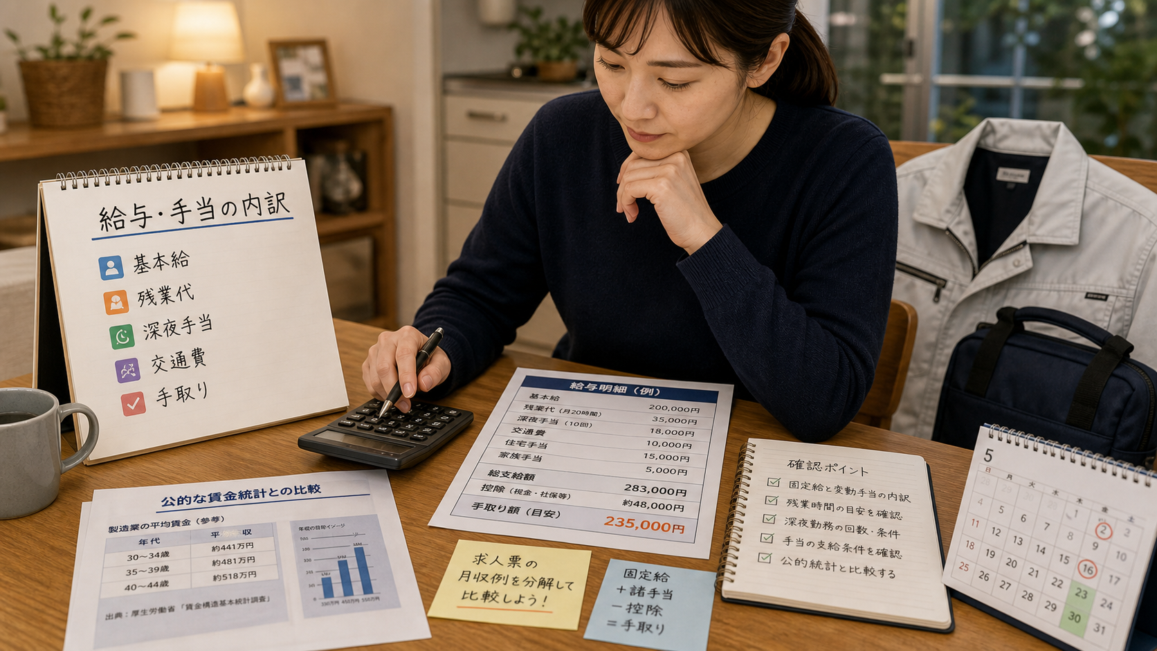 第7章「給与・手当の内訳を正しく読む方法」の要点を整理したインフォグラフィック。月収例を棒グラフで分解した図解。基本給・残業代・深夜手当・交通費を色分けし、固定部分と変動部分を区別して表示