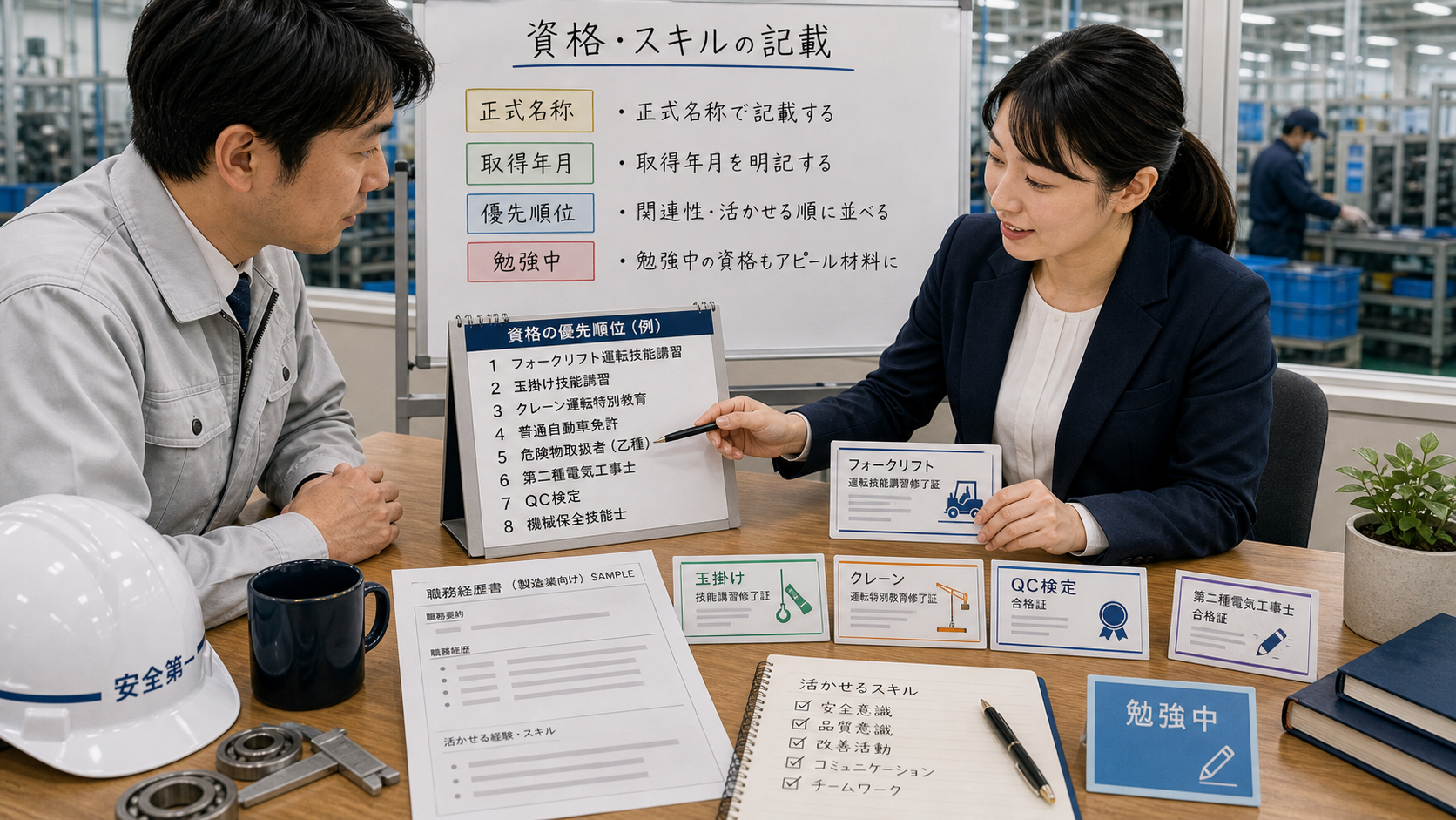 第7章「資格・免許・スキルの記載ルールと優先順位」の要点を整理したインフォグラフィック。製造業で評価されやすい資格をカテゴリ別（現場系・汎用系・スキルアップ系）に分類した一覧図。正式名称と略称の対応表、取得予定・勉強中の記載ルールも解説。