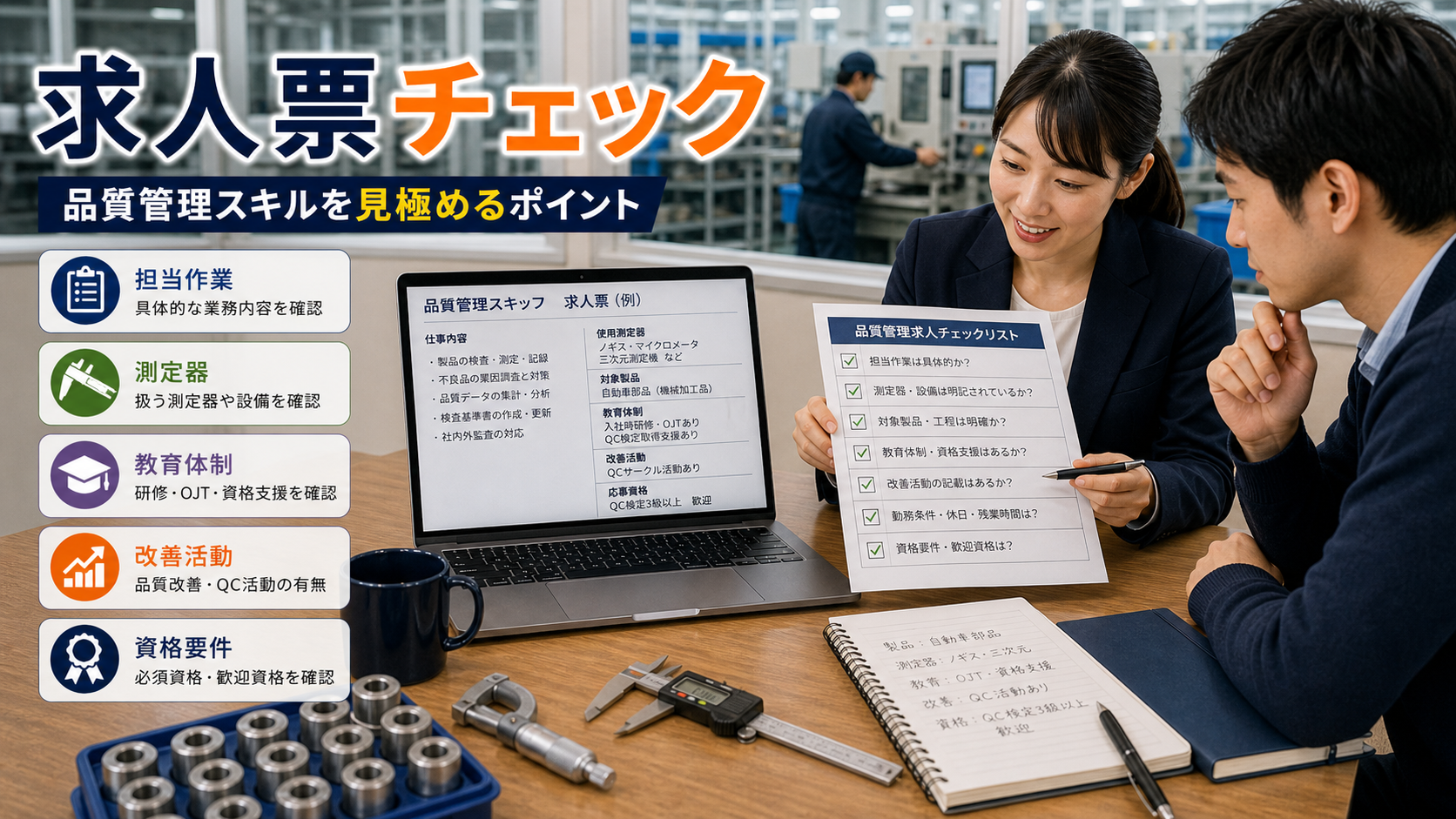 第7章「求人票で品質管理スキルを見極めるチェックリスト」の要点を整理したインフォグラフィック。求人票のイメージを背景に、担当作業の具体性・使用測定器・対象製品・教育体制・改善活動・勤務条件・資格要件の7つの確認項目をチェックマーク付きリストで重ねた図解。