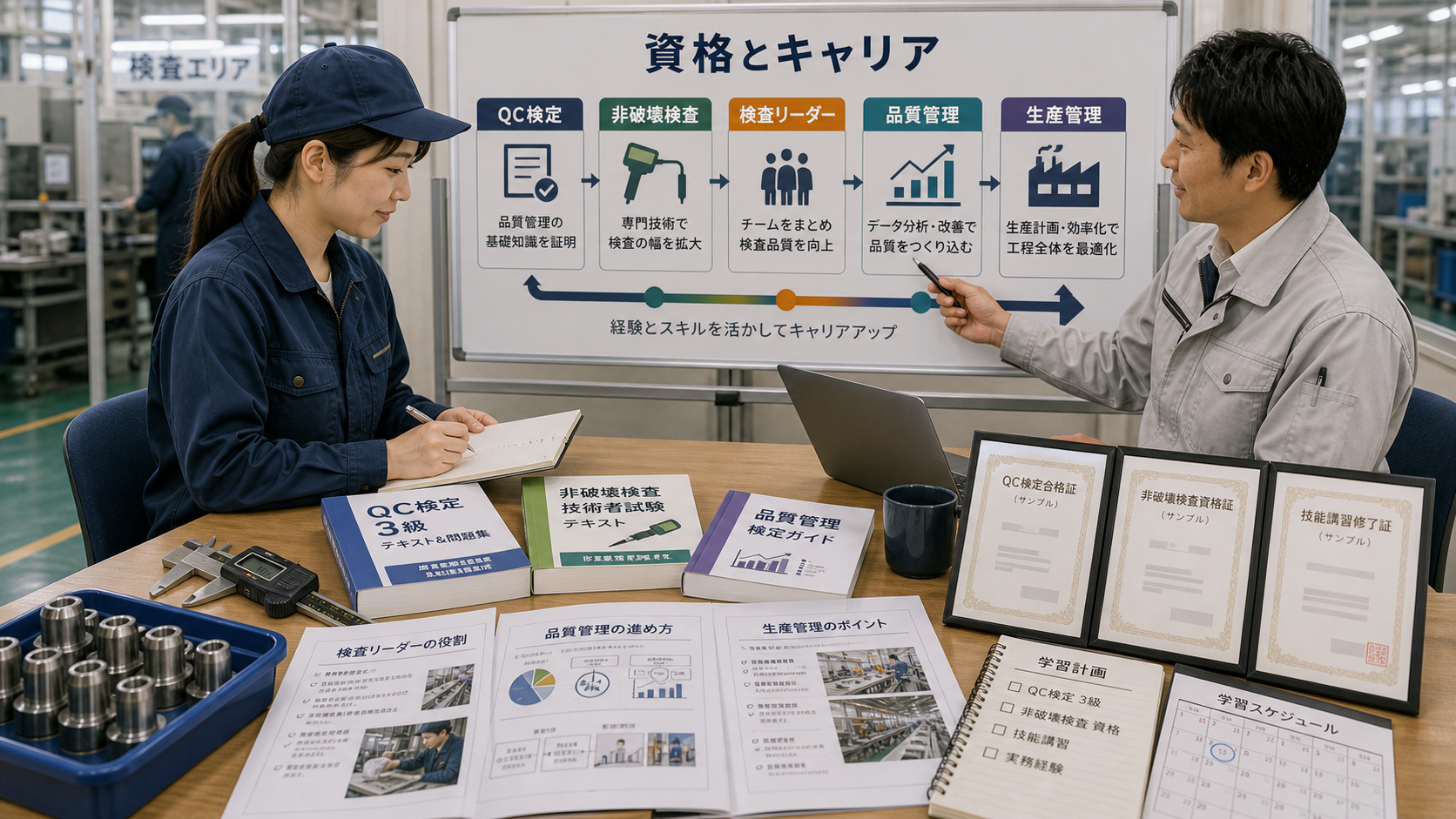 第7章「検査職で役立つ資格とキャリアパス」の要点を整理したインフォグラフィック。検査職を起点としたキャリアパス分岐図と、QC検定・非破壊検査技術者など代表的な資格の比較表を組み合わせた図解