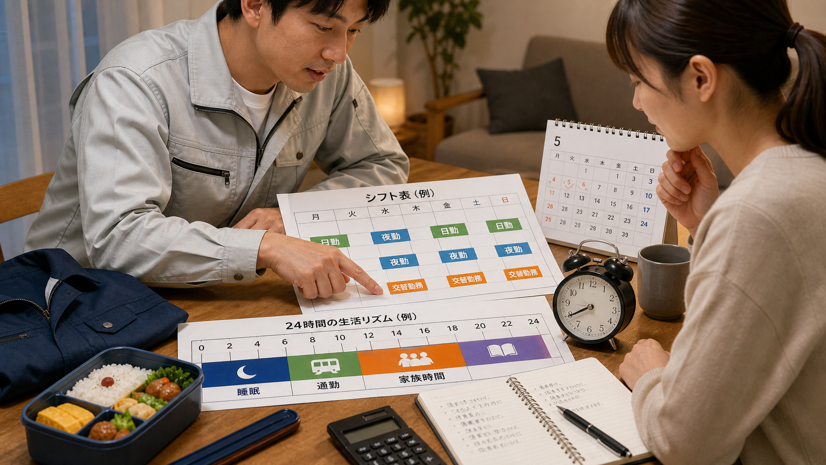 第7章「勤務時間・シフト・休日を生活リズムと並べて確認する」の要点を整理したインフォグラフィック。日勤・夜勤・交替勤務の24時間タイムライン比較。勤務・睡眠・食事・通勤・自由時間を色分けした帯グラフ風に3パターンを横並びで示し、生活リズムとの相性を確認するチェックリストを添えた図