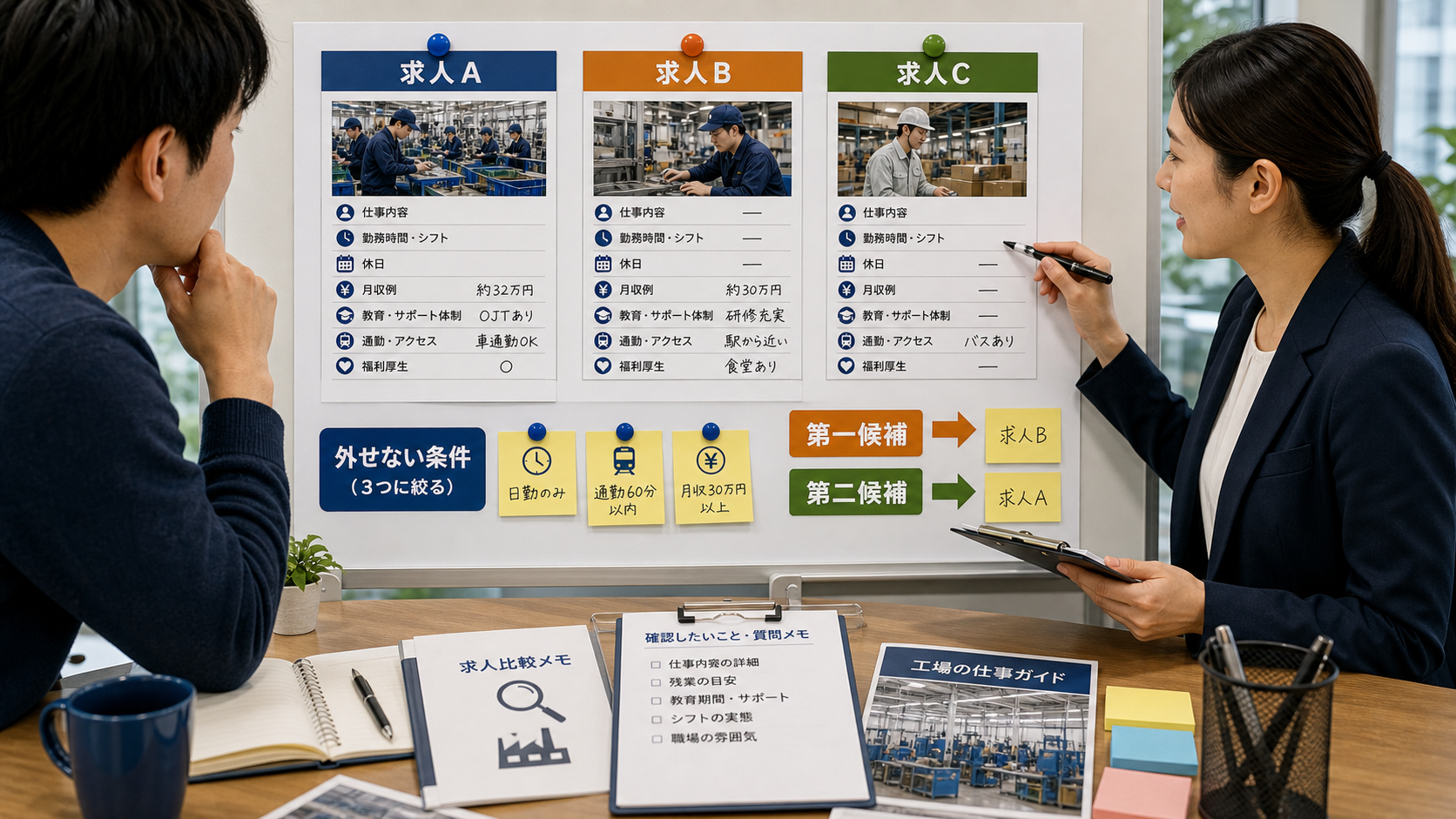 第7章「複数求人を比較表で整理する実践ステップ」の要点を整理したインフォグラフィック。3つの求人を横並びに比較する表テンプレートと、外せない条件を3つに絞って第一候補・第二候補を残す実践手順を示した解説図