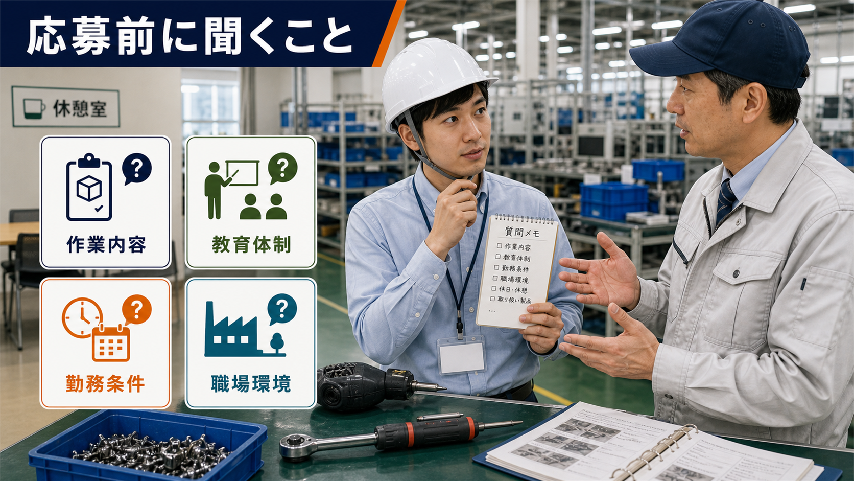 第7章「応募前に確認すべき注意点と質問リスト」の要点を整理したインフォグラフィック。チェックリスト風のレイアウトで、作業内容・教育体制・勤務条件・職場環境の4カテゴリに分けた応募前確認8項目と、面接・見学で使える質問例5選を提示する図解