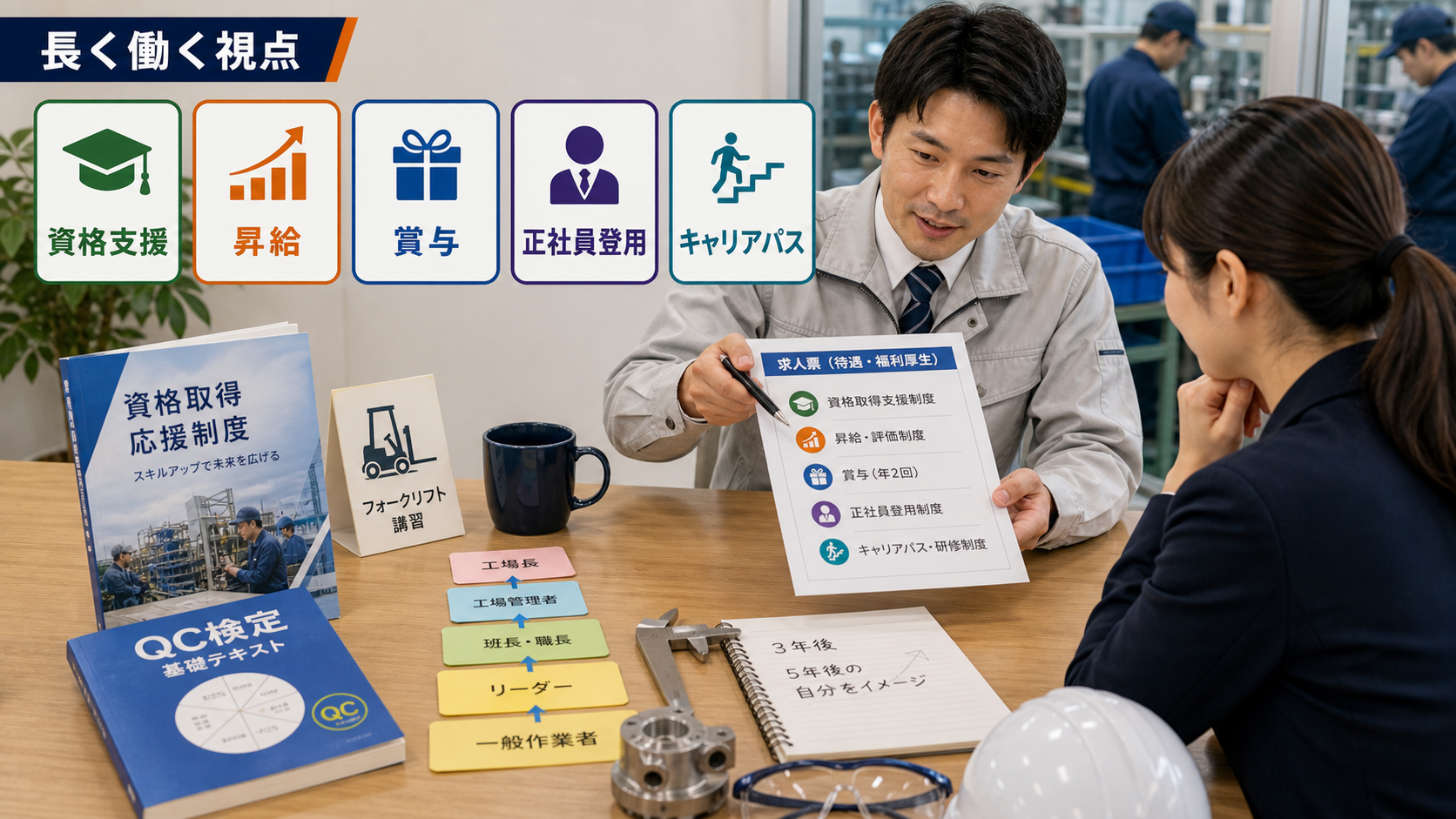 第7章「長く働くためのキャリア・スキルアップ視点」の要点を整理したインフォグラフィック。資格証明書、工具セット、学習ノートが並んだデスク上の構図。フォークリフトの小さなアイコンと上向き矢印が添えられたキャリアアップのイメージ。