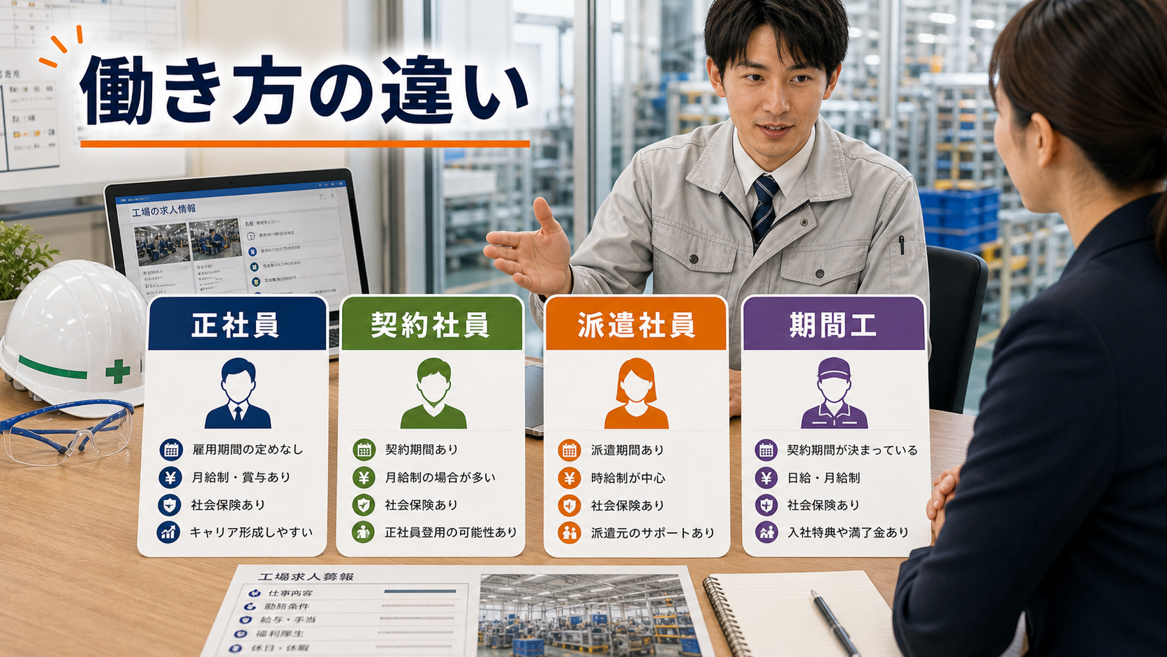 第7章「雇用形態と契約条件の違いを理解する」の要点を整理したインフォグラフィック。工場求人では「正社員」「契約社員」「派遣社員」「期間工（期間従業員）」の4つの雇用形態が混在しています。同じ作業内容でも、雇用主・契約期間・給与の仕組み・将来の選択肢が大きく異なるため、求人票を読む段階で違いを把握しておくことが重要です。