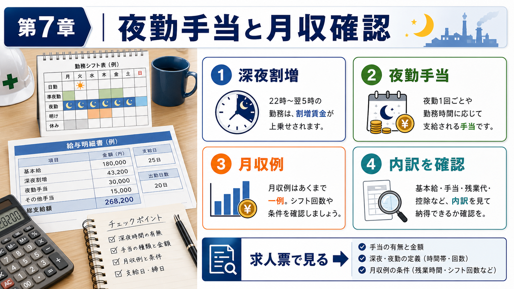 第7章「夜勤手当の仕組みと月収シミュレーション」の要点を整理したインフォグラフィック。深夜割増賃金25%以上の法的根拠と計算方法を解説し、日勤のみ・夜勤ありのモデルケースで月収差をシミュレーション比較した図解