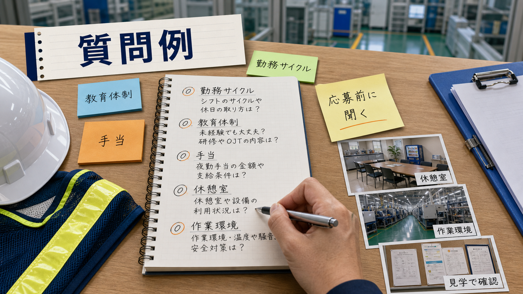 第8章「応募前の質問例と面接・見学での確認ポイント」の要点を整理したインフォグラフィック。面接・見学の場面をイメージした図。質問メモ・ノート・ペンを中心に、勤務サイクル・教育体制・手当・休憩室・作業環境などの確認ポイントを吹き出しで配置。