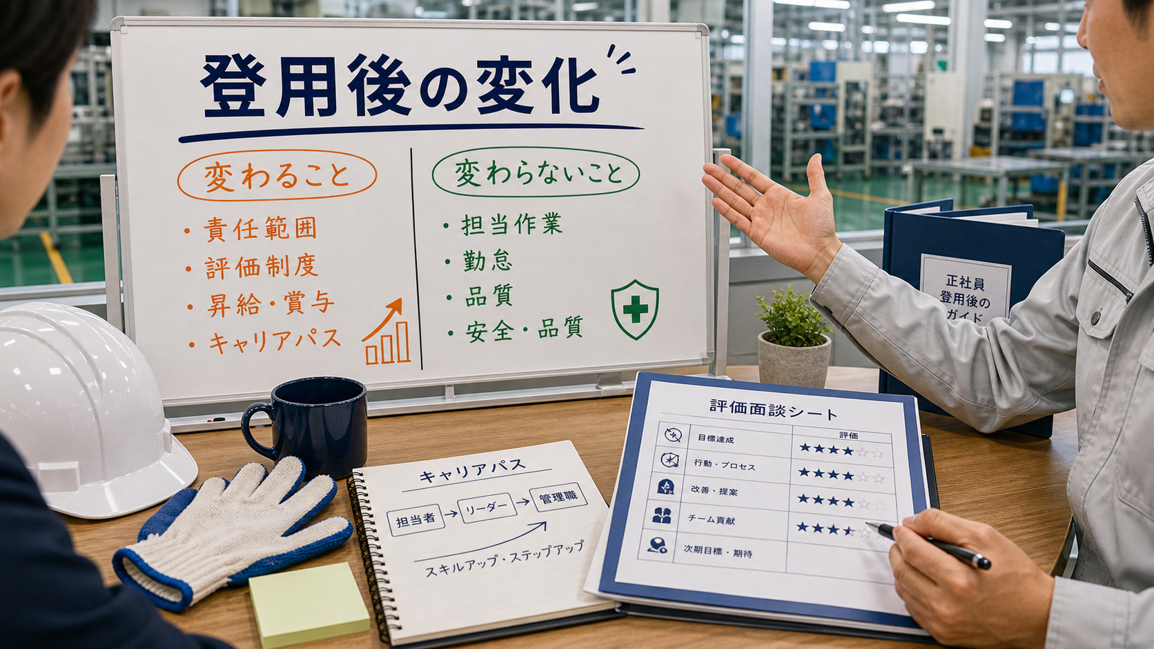 第8章「正社員登用後に変わること・変わらないこと──期待と現実のギャップを防ぐ」の要点を整理したインフォグラフィック。正社員登用後に変わること（責任・評価・キャリアパス）と変わらないこと（日常業務・基本姿勢）を左右で比較する図解