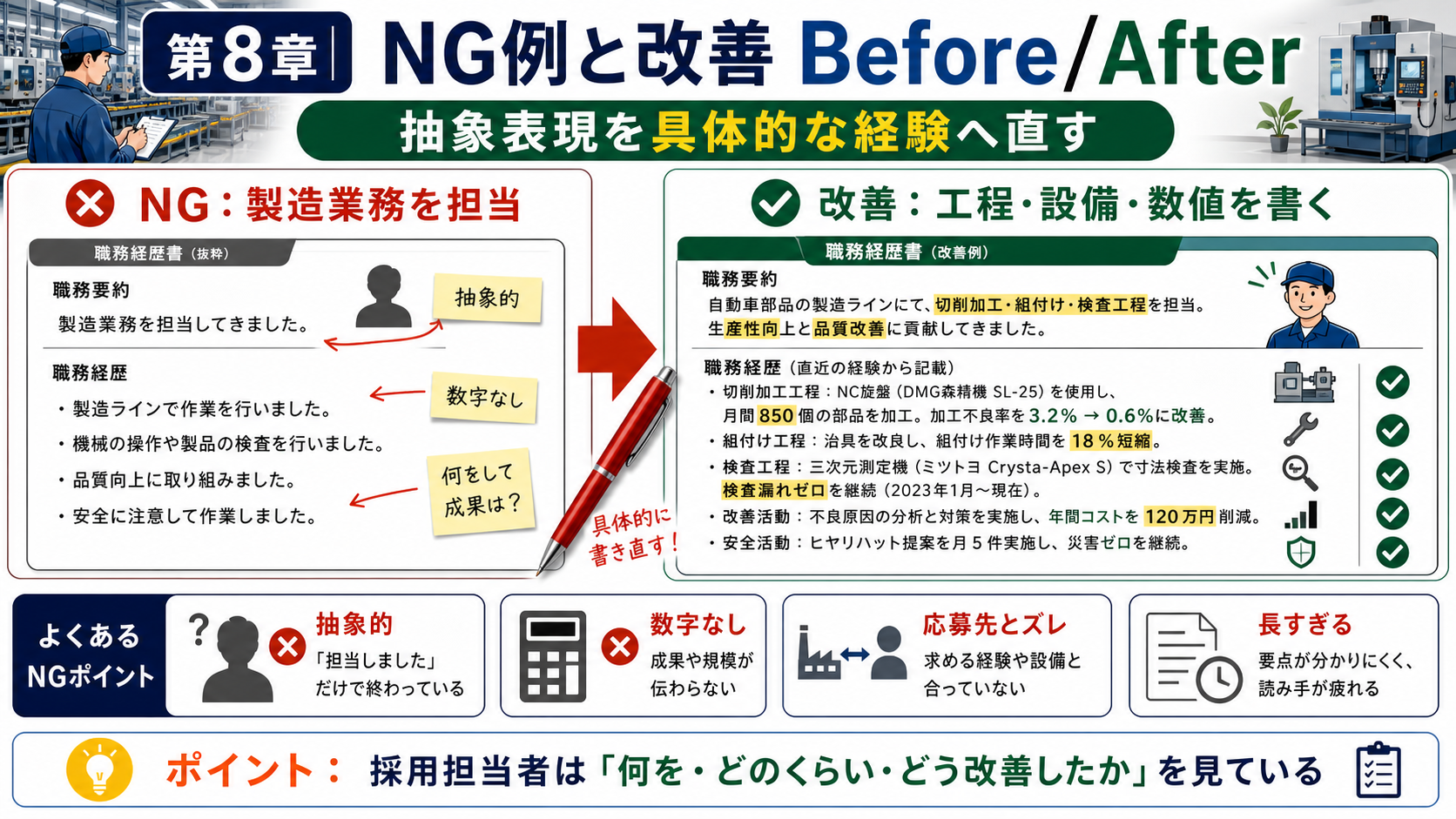 第8章「書類選考で落ちやすいNG例と改善ビフォーアフター」の要点を整理したインフォグラフィック。製造業の職務経歴書でよくある5つのNG例（業務羅列・抽象表現・精神論・冗長な要約・ネガティブ転職理由）を採用担当者の視点で解説し、改善後の記載例をビフォーアフター形式で提示