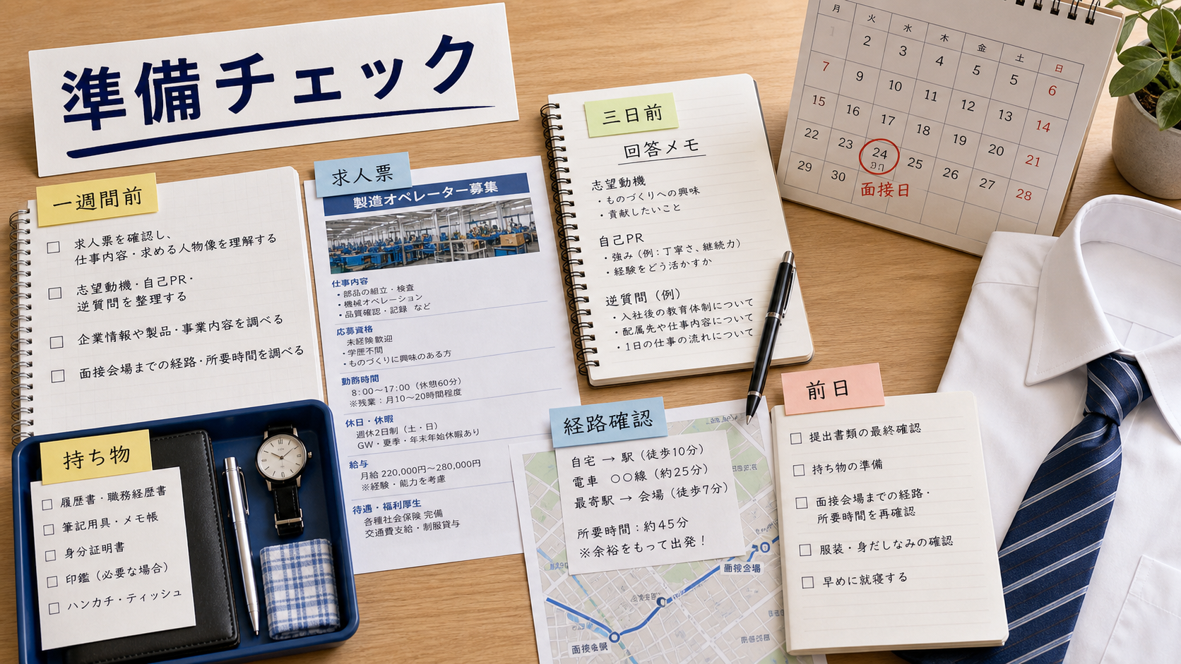 第8章「面接前日までの準備チェックリスト：一週間前・三日前・前日」の要点を整理したインフォグラフィック。製造業の面接準備を一週間前・三日前・前日の3段階に分けたチェックリスト形式のタイムライン