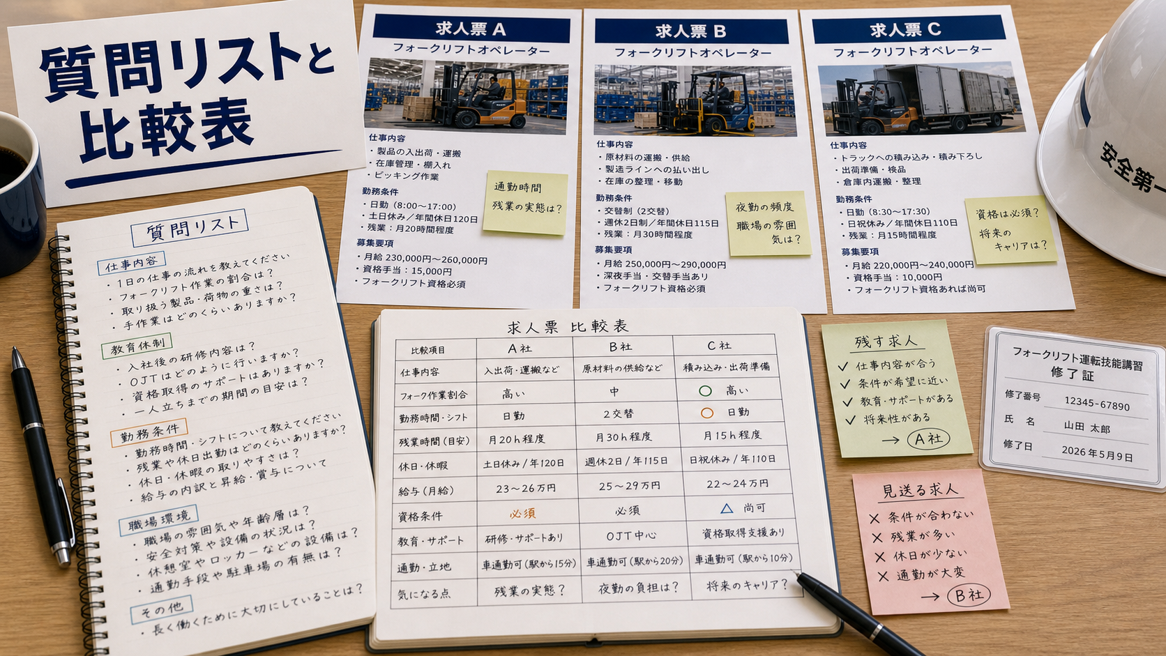 第8章「応募前・面接で使える質問リストと比較表の作り方」の要点を整理したインフォグラフィック。応募前・面接で使える質問リストと、候補求人を横並びで比較するテンプレート表を図解。質問例と比較項目を具体的に示す。