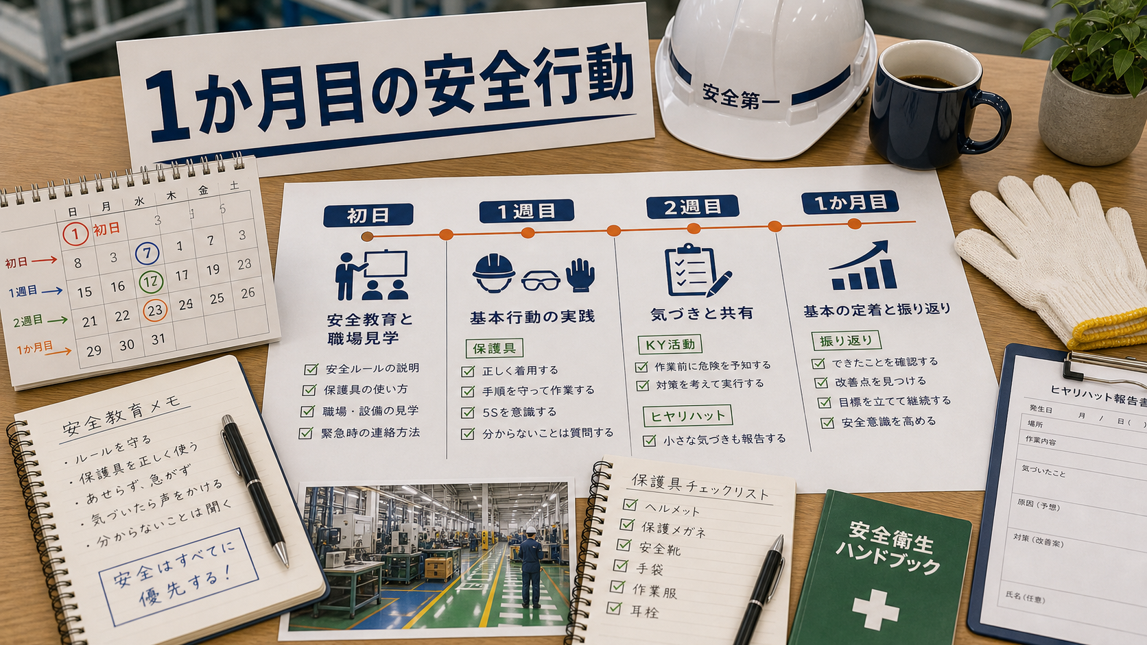 第8章「入社1か月目の安全行動タイムライン」の要点を整理したインフォグラフィック。入社初日から1か月目までの安全行動タイムラインを4段階で示す図