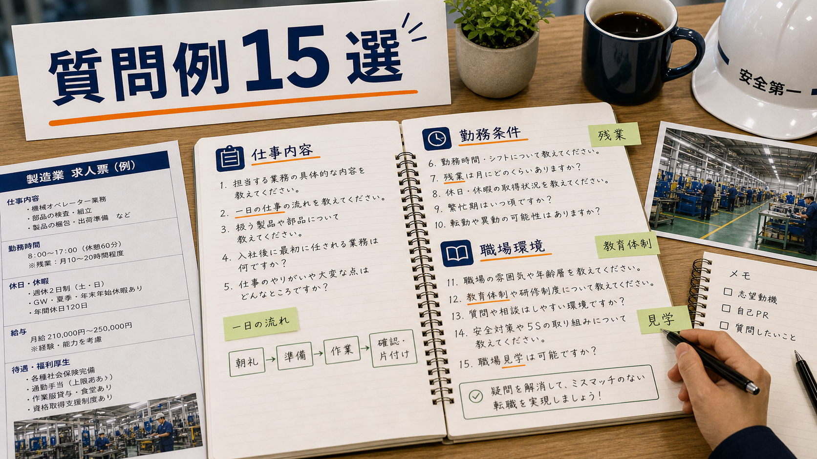 第8章「応募前・面接で使える質問例15選」の要点を整理したインフォグラフィック。仕事内容・勤務条件・職場環境の3カテゴリに分けた質問例カード。各カテゴリ5問を一覧表示し、質問の意図と聞き方のコツを添えた図解。
