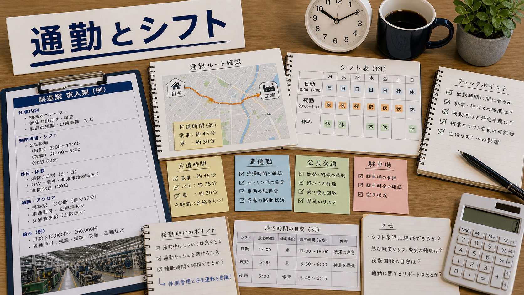 第8章「通勤時間・通勤手段とシフトの相性チェック」の要点を整理したインフォグラフィック。通勤手段3パターン（車・電車・送迎バス）をアイコンで並べ、シフト時間帯（早朝・日中・深夜）との相性を○△×で示したマトリクス図