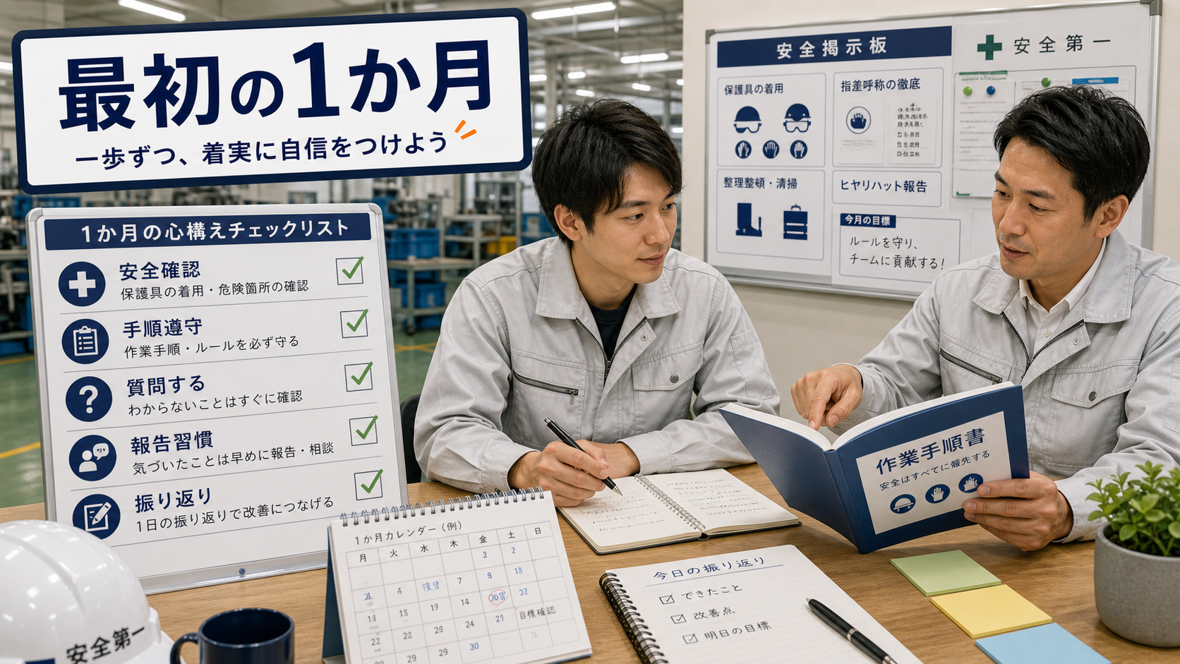 第8章「入社後の最初の1か月を乗り越えるための心構え」の要点を整理したインフォグラフィック。初日→1週間→1か月を横軸にしたタイムライン。各期間に「安全確認」「手順遵守」「報告習慣」のアイコンを配置