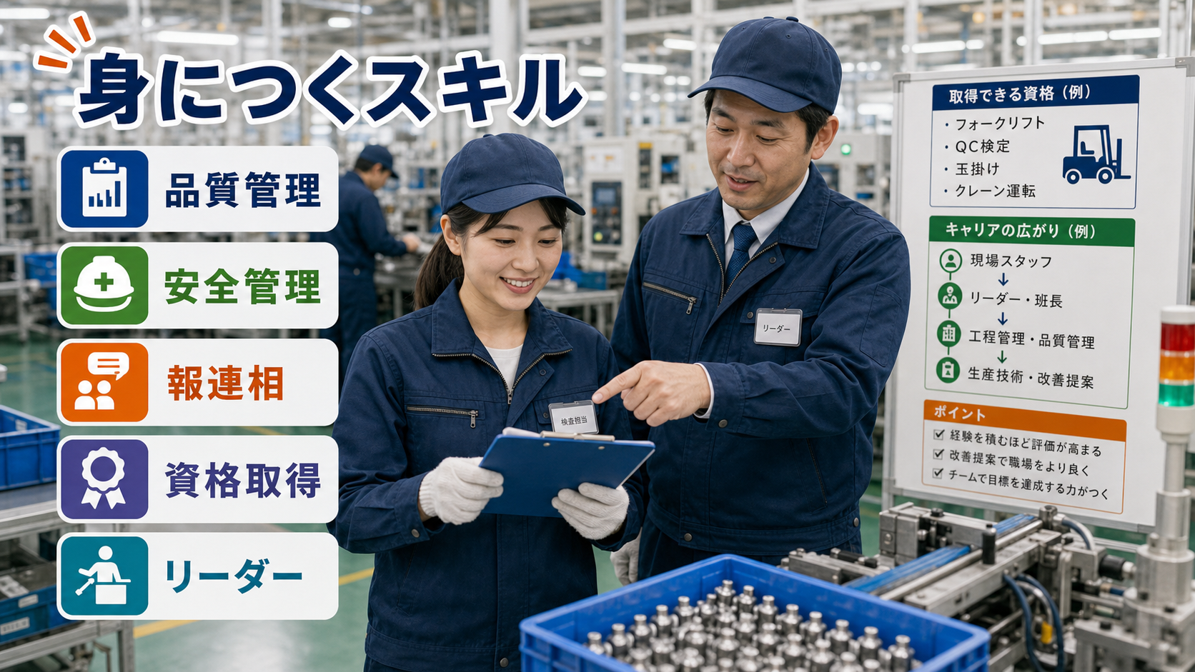 第8章「工場勤務で身につくスキルとキャリアの広がり」の要点を整理したインフォグラフィック。キャリアステップを階段状に示す図解。入社→基本作業習得→資格取得→リーダー→品質管理職の流れを矢印で接続