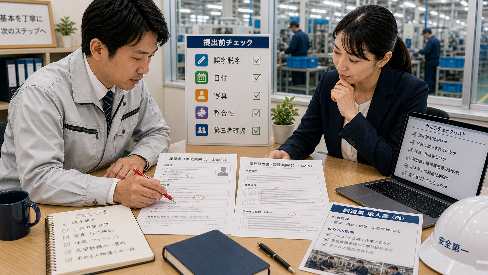 第8章「書類完成前のセルフチェックリスト」の要点を整理したインフォグラフィック。チェックリストを基本情報・内容・整合性の3カテゴリに分け、チェックボックスを配置した図解。提出前に確認すべき15項目と第三者レビューの効果を解説する。