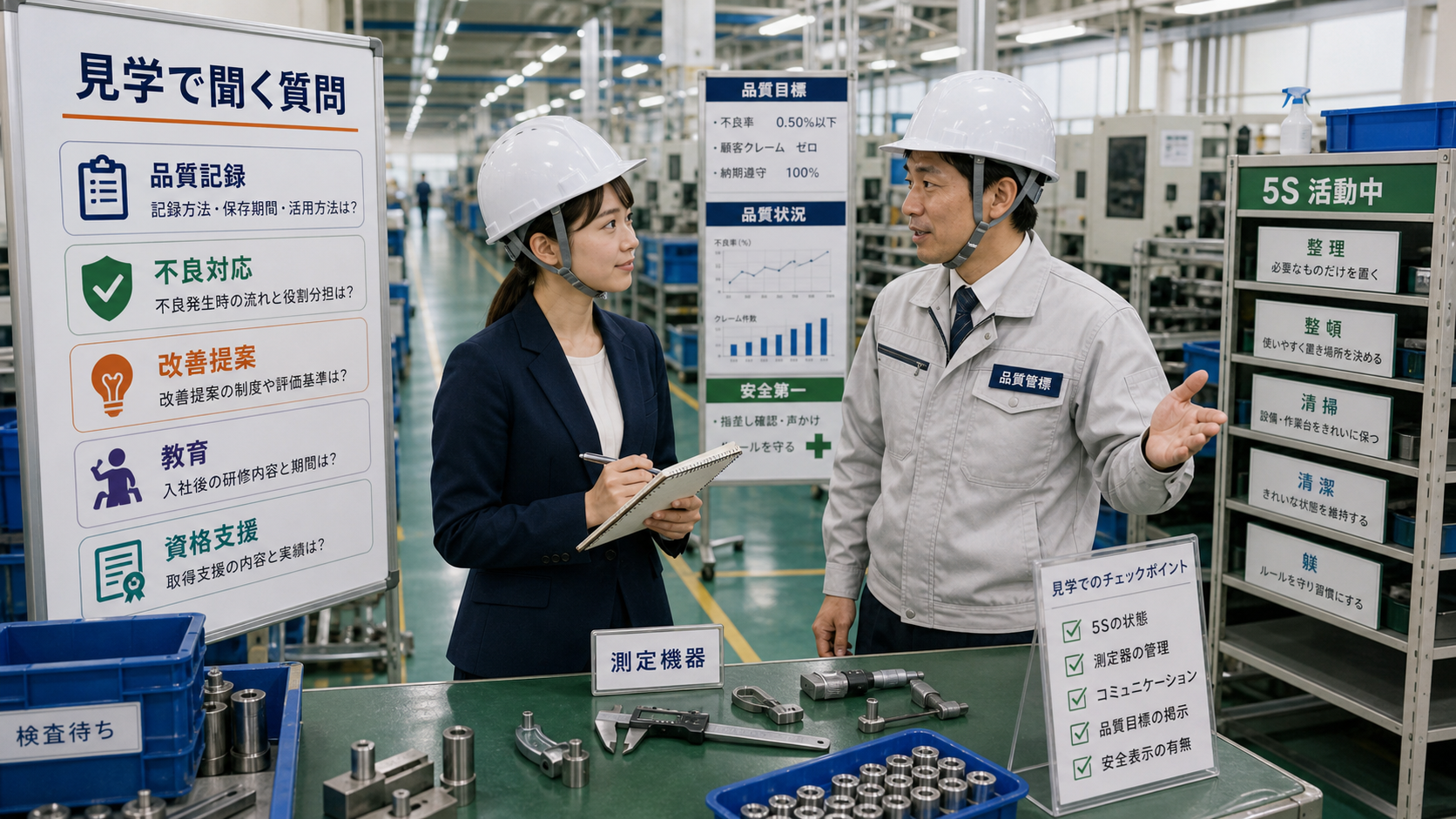 第8章「面接・職場見学で確認したい質問例」の要点を整理したインフォグラフィック。面接の場面をイメージし、質問例を吹き出し風に配置した図解。横に職場見学の観察ポイントをチェックリストで添える。