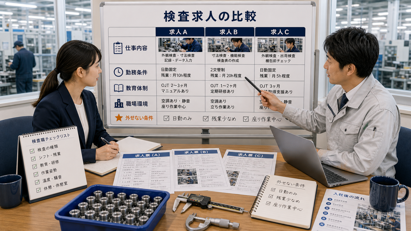 第8章「求人票で検査職を比較するときの確認項目」の要点を整理したインフォグラフィック。仕事内容・勤務条件・教育体制・職場環境の4軸で検査求人を横並び比較する表テンプレートと、候補を残す基準・見送る基準の決め方チェックリスト