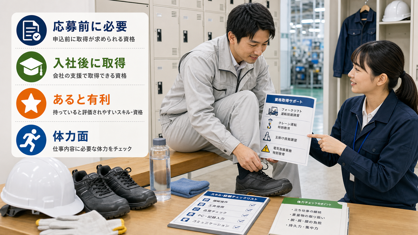 第8章「資格・スキル・体力面の準備と確認」の要点を整理したインフォグラフィック。資格・スキル確認リスト。応募前必要・入社後取得可・あると有利の3列に代表的な資格名を配置した分類表