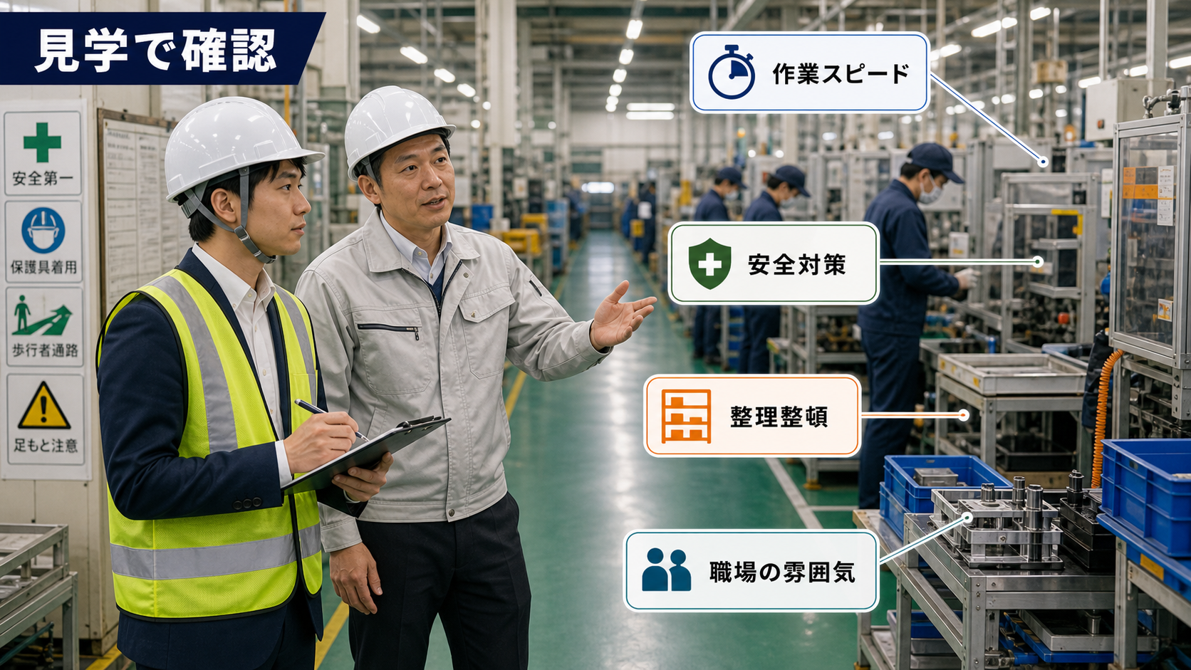 第8章「面接・職場見学で確認すべき質問と観察ポイント」の要点を整理したインフォグラフィック。面接で使える3つの質問フレーズと職場見学で観察すべき5つのポイントを具体的に示し、条件確認は長く働くための準備であることを解説した図表付きガイド