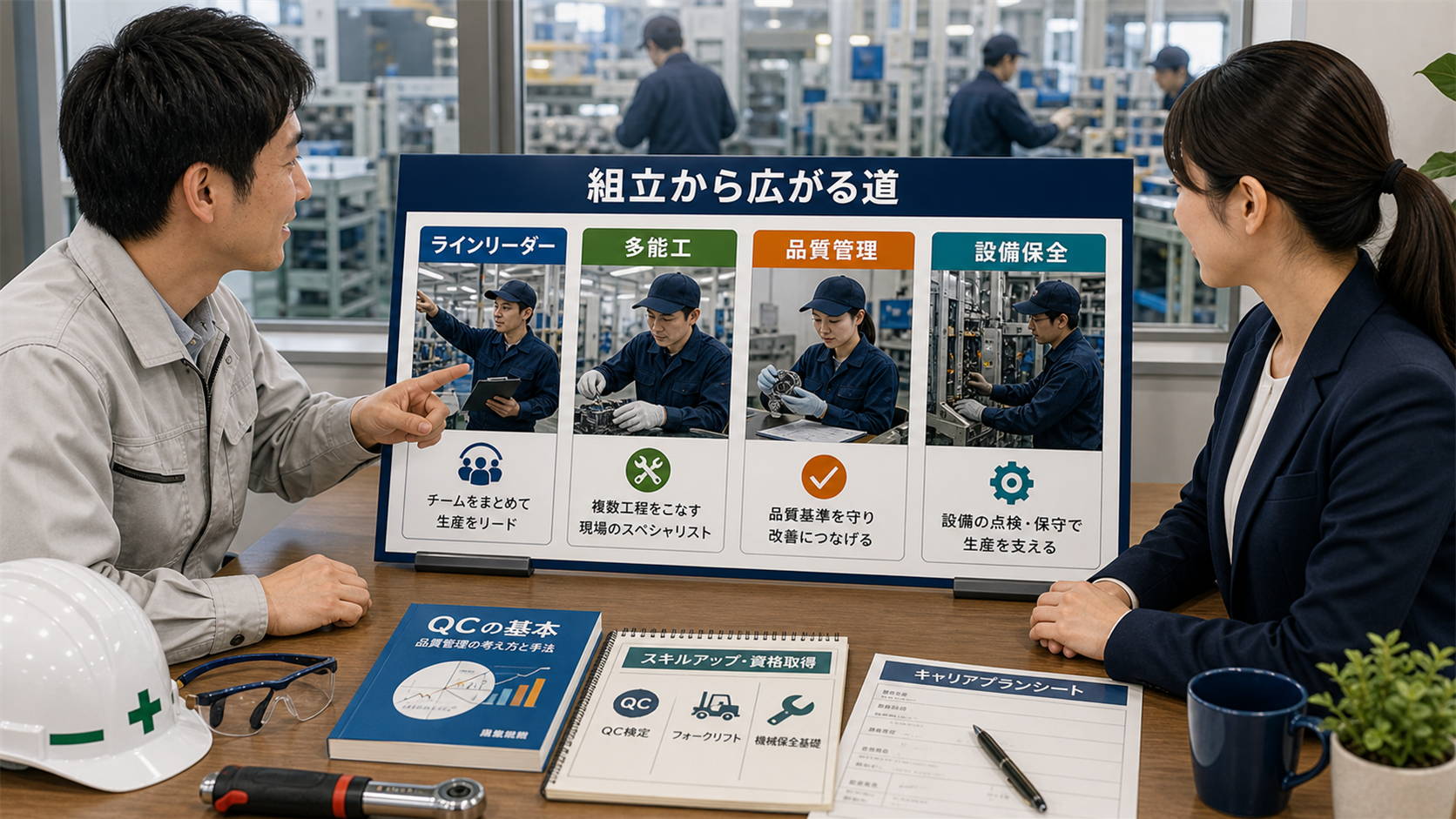 第8章「組立からのキャリアパス ─ 経験を積んだ先の選択肢」の要点を整理したインフォグラフィック。組立経験を起点にした4つのキャリアパス（ラインリーダー・多能工・品質管理・設備保全）を分岐図で示し、各ルートに必要なスキル・経験年数の目安と役立つ資格を表で整理した図解