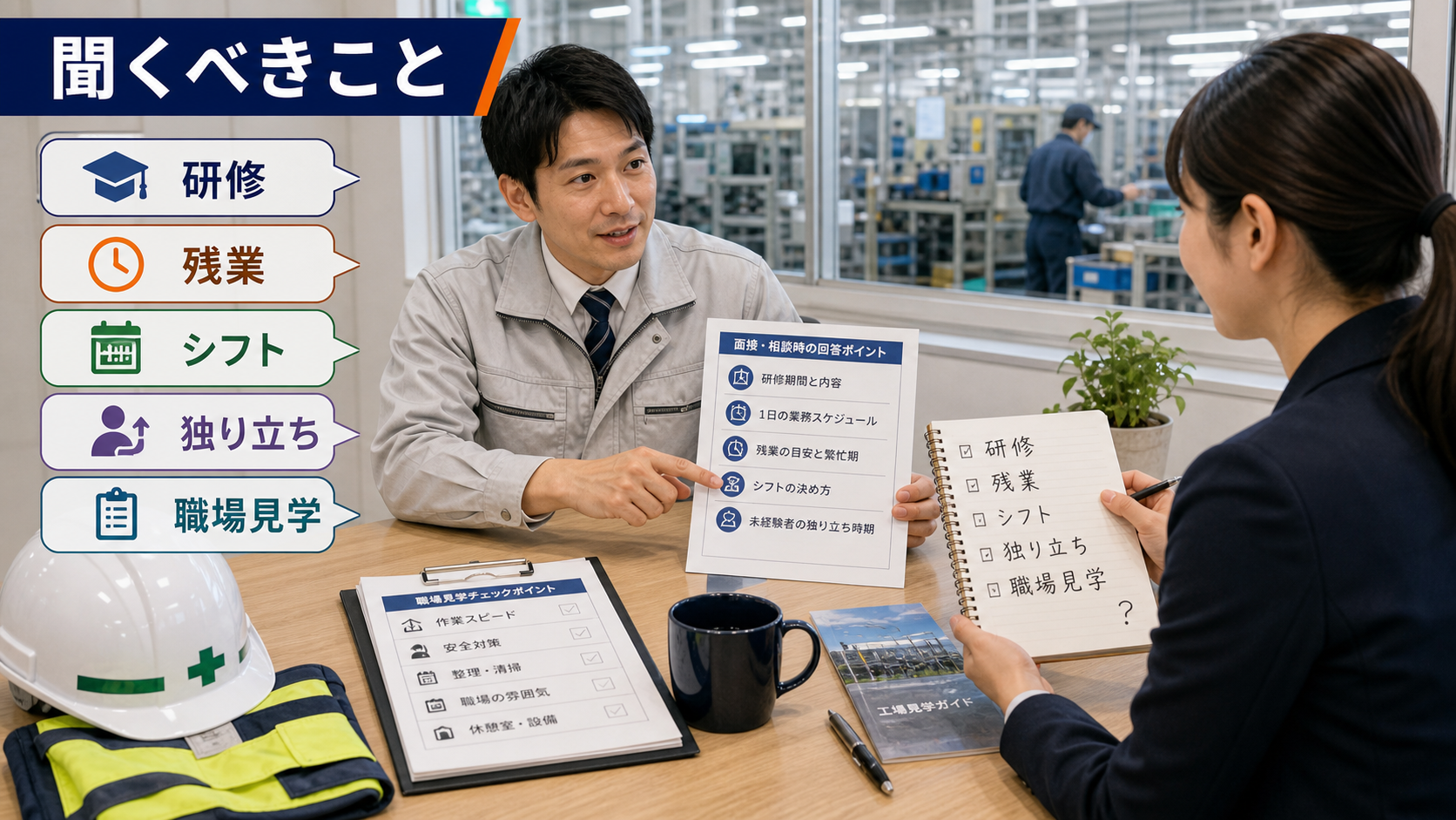 第8章「面接・見学・応募前相談で聞くべきことリスト」の要点を整理したインフォグラフィック。面接室のテーブルにノートとペンが置かれ、質問リストが書かれたページが開いている。背景に工場の窓が見える落ち着いた構図。