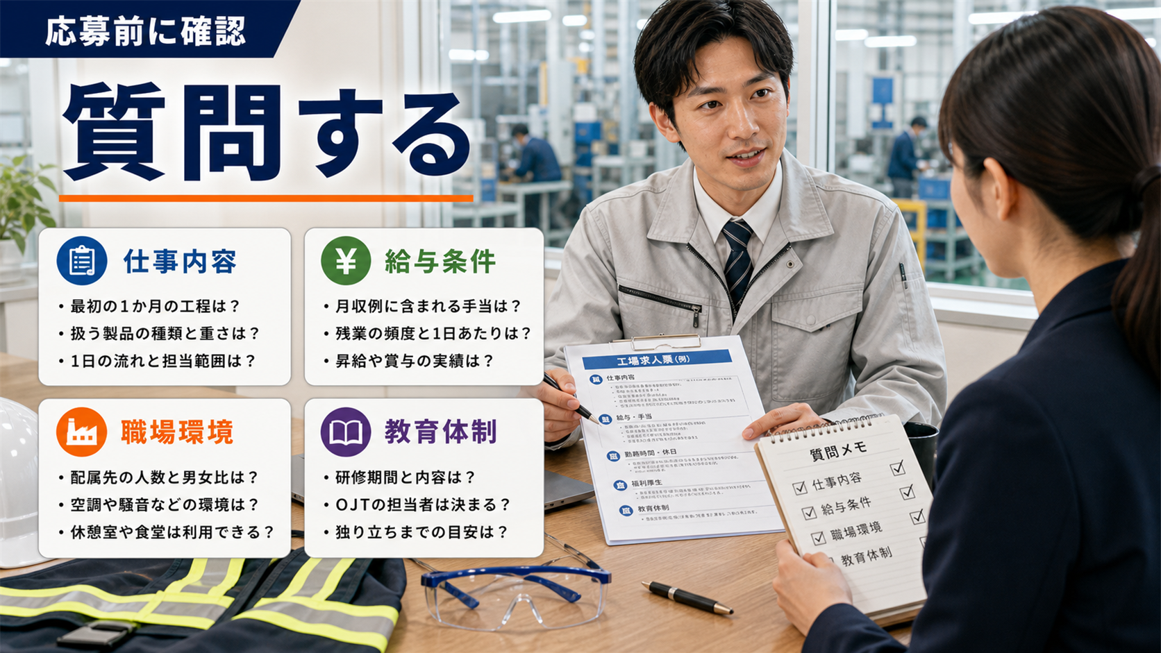 第8章「応募前に聞くべき質問と確認の進め方」の要点を整理したインフォグラフィック。求人票を読み込んでも、実際の仕事内容や職場の雰囲気は文字だけでは分かりきらない部分があります。応募前の問い合わせや面接の場で質問することは、入社後のミスマッチを減らすための大切な確認です。企業側にとっても条件認識をそろえる材料になるため、具体的な質問として整理して聞くと会話が進めやすくなります。