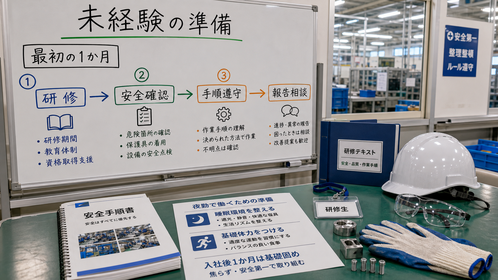 第9章「未経験から夜勤求人に応募するときの準備」の要点を整理したインフォグラフィック。未経験者が入社1か月で意識する行動目標をステップ図で示す。安全確認→手順遵守→報告・相談の3ステップ。