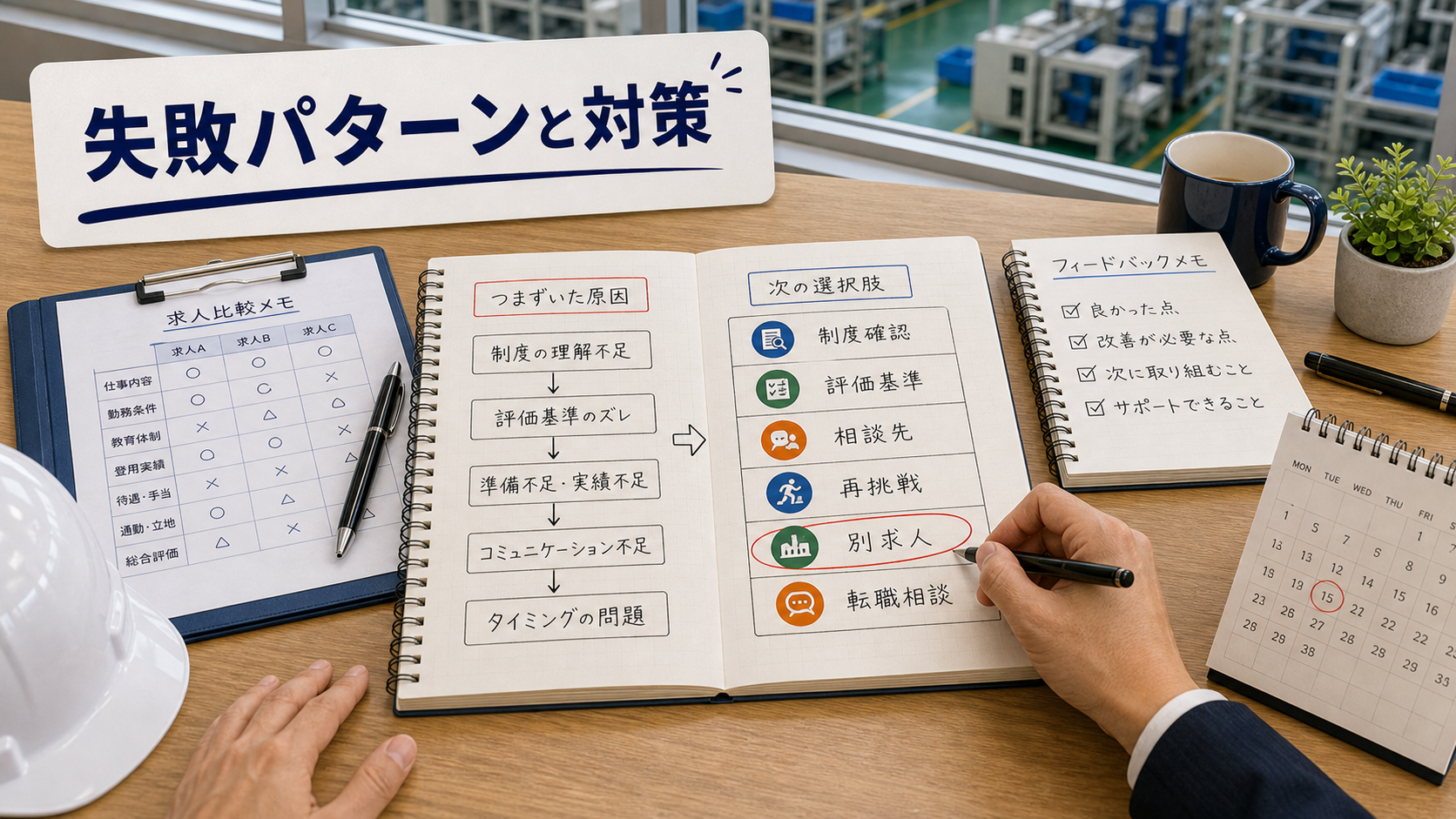 第9章「よくある失敗パターンと事前の対策──登用されなかった場合の選択肢も含めて」の要点を整理したインフォグラフィック。制度の確認不足・評価基準の誤解・相談先がないの3つの失敗パターンと、それぞれの対策および登用されなかった場合の選択肢を矢印で結んだ図解