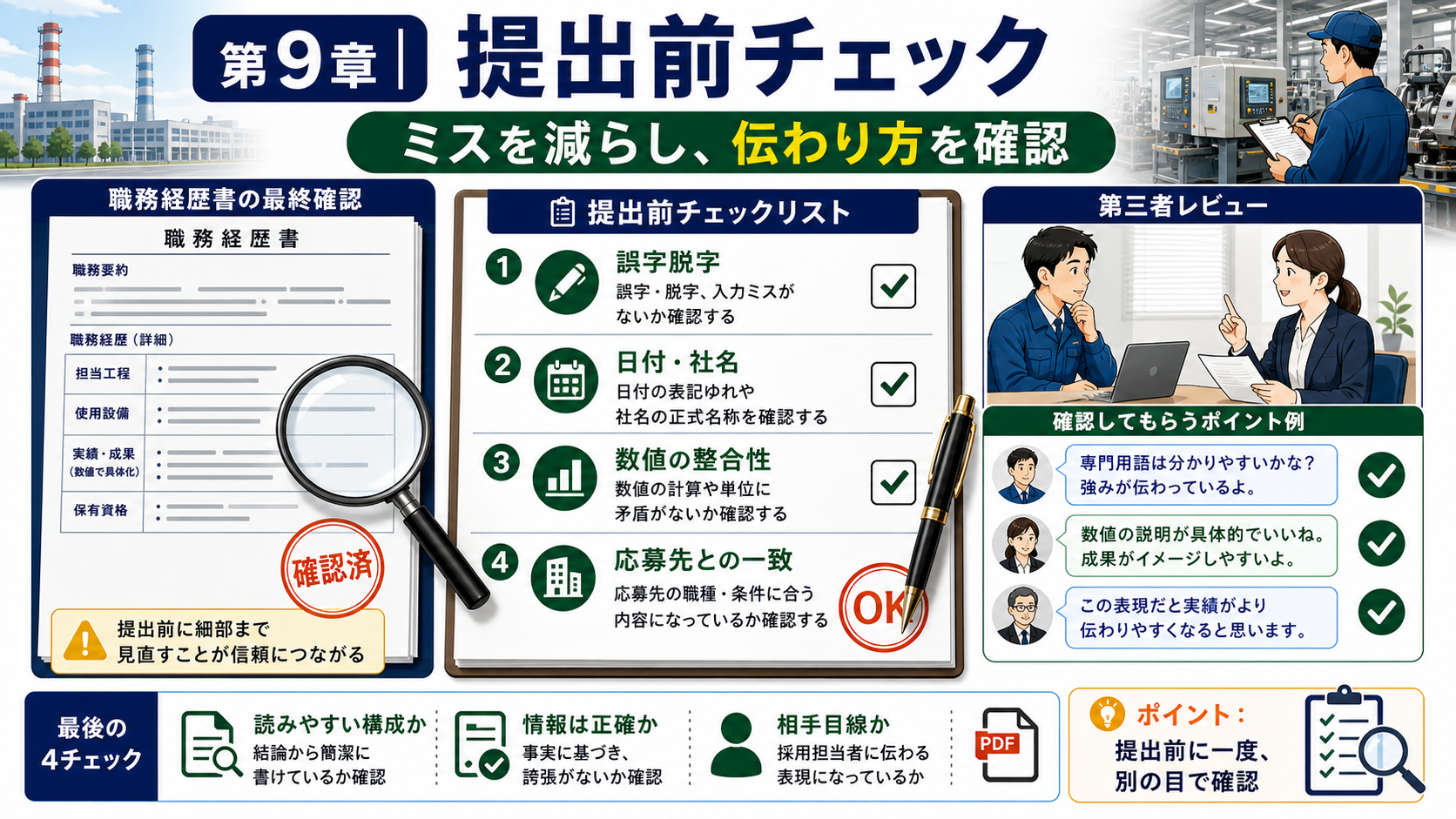 第9章「提出前の最終チェックリストと第三者レビューの活用」の要点を整理したインフォグラフィック。製造業の職務経歴書を提出する前に確認すべき15項目のチェックリストと、第三者レビュー・転職相談の活用方法を解説