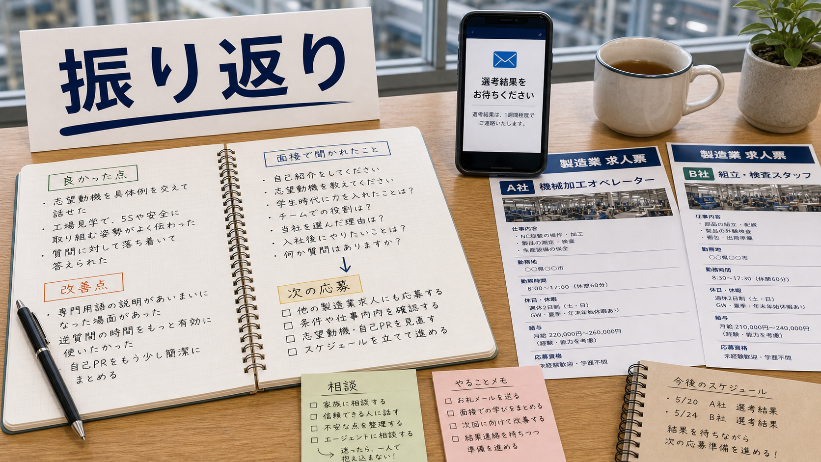 第9章「面接後の振り返りと次のアクション」の要点を整理したインフォグラフィック。面接後の振り返り3ステップと、結果待ちの間にできるアクションの整理図