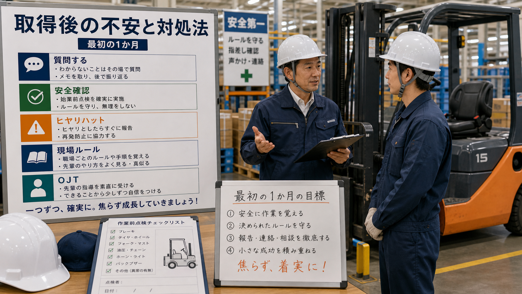 第9章「資格取得後にありがちな不安と対処法」の要点を整理したインフォグラフィック。資格取得後の不安（現場デビュー・安全管理・キャリア）をQ&A形式で整理した図。各不安に対する具体的な対処法を添える。