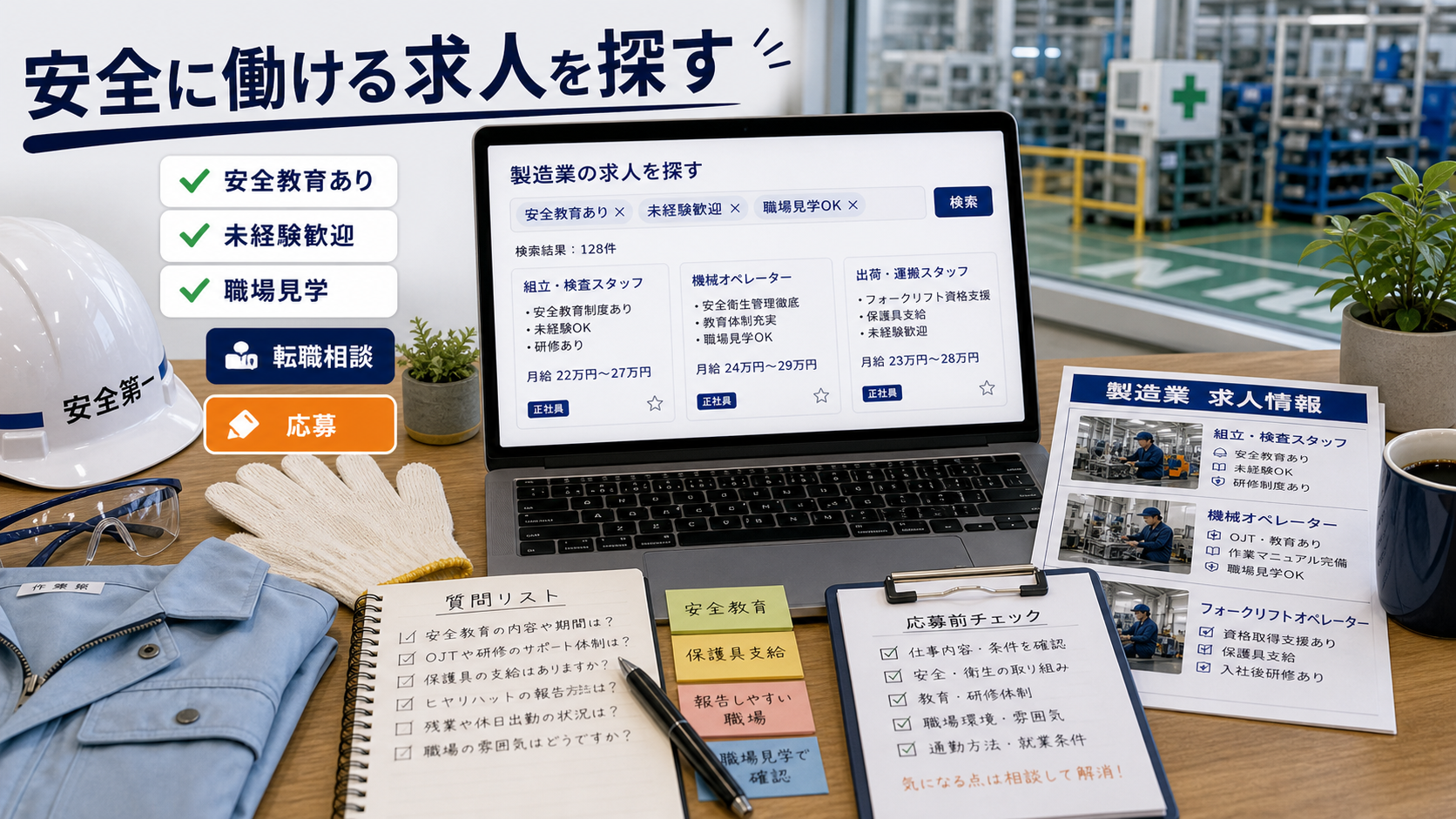 第9章「安全ルールを守りながら働ける求人の探し方」の要点を整理したインフォグラフィック。製造業求人ナビでの検索・相談・応募の流れと応募前に確認すべき安全関連の質問リストを示す導線図