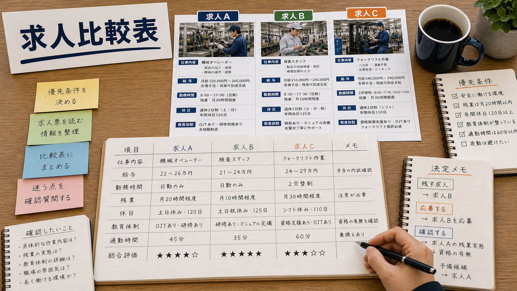 第9章「確認結果を整理して求人を比較する手順」の要点を整理したインフォグラフィック。3社比較の求人比較表サンプル。仕事内容・給与・勤務時間・休日・教育体制の5軸で横並び比較し、優先順位の付け方と判断フローを解説。