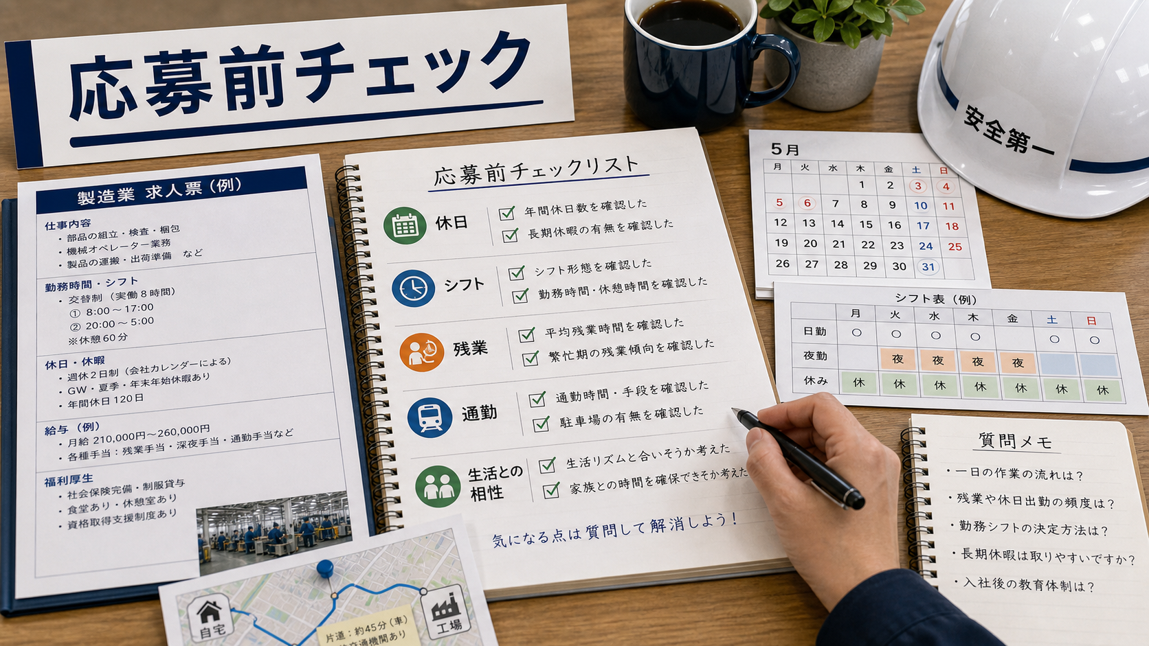 第9章「応募前チェックリストと質問テンプレート」の要点を整理したインフォグラフィック。4軸チェックリストを印刷用ワークシート風にデザイン。求人A・B・Cの列が並び、休日・シフト・残業・通勤の各項目に記入欄がある実用的な比較表イメージ