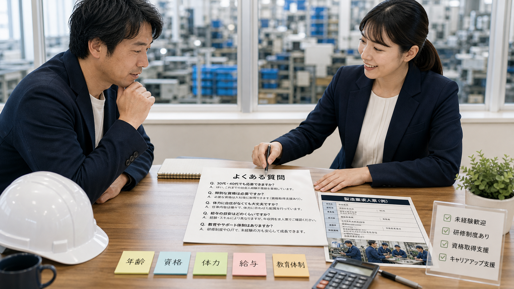 第9章「よくある質問と回答」の要点を整理したインフォグラフィック。Q&Aの吹き出しアイコンを縦に並べたシンプルなFAQレイアウト。体力面・資格・年齢制限・給与目安・教育体制など頻出の疑問に端的に回答