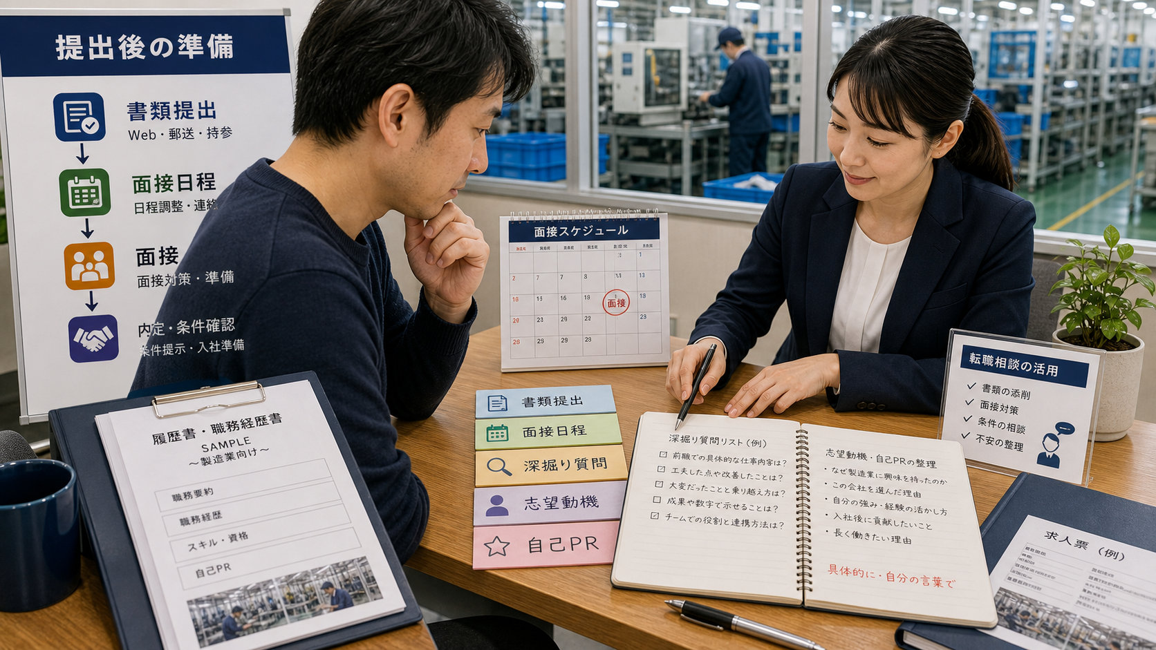 第9章「書類提出から面接までの流れと準備」の要点を整理したインフォグラフィック。書類提出→書類選考→面接→内定の流れをフロー図で示し、提出方法別の注意点比較表、面接での深掘り質問例と回答の方向性、転職相談の活用法を解説する。