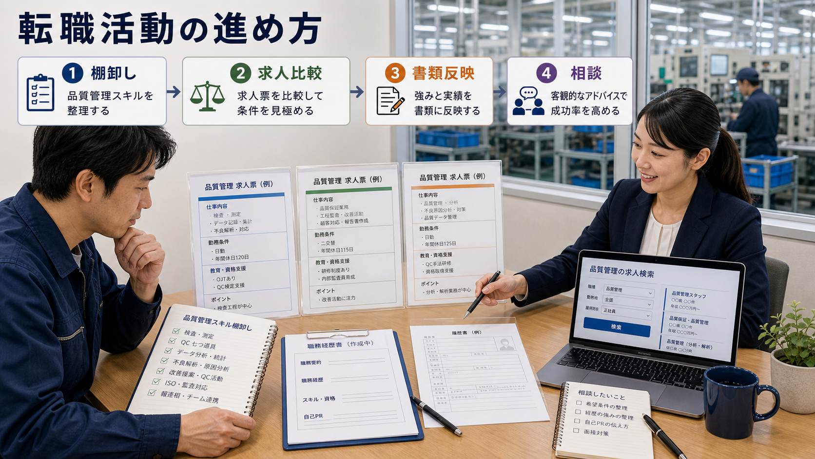第9章「品質管理スキルを活かした転職活動の進め方」の要点を整理したインフォグラフィック。4ステップ（棚卸し→比較→書類→相談）を横フローで配置し、各ステップにアイコンと簡潔な説明を添えた図解。