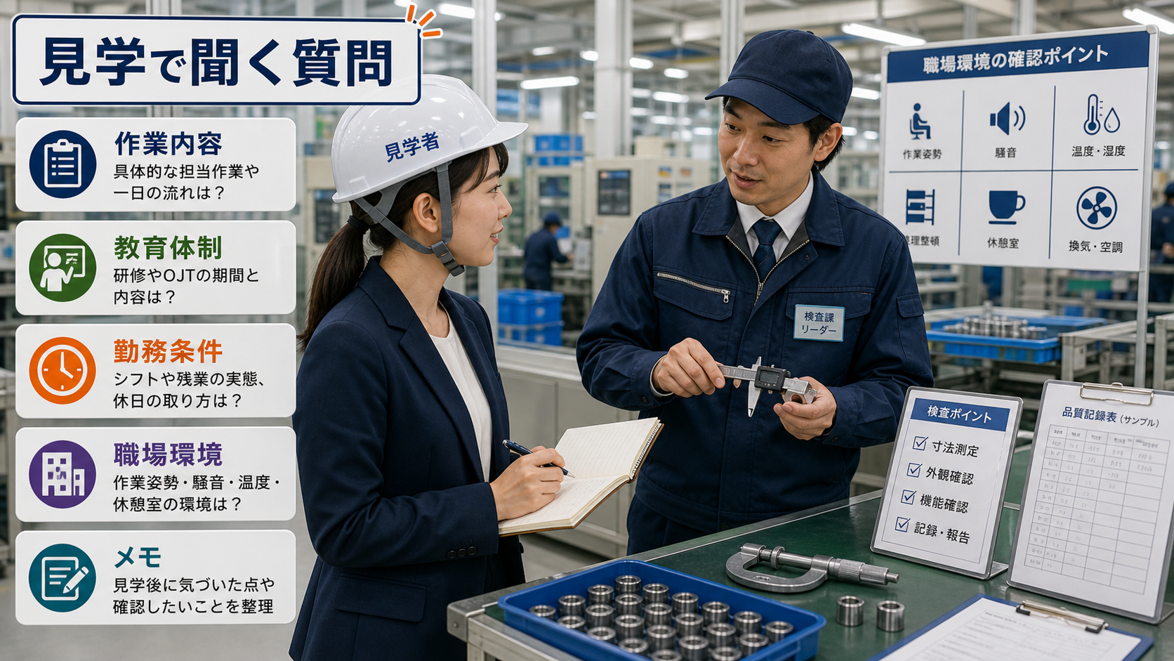 第9章「応募前・面接・見学で使える質問リスト」の要点を整理したインフォグラフィック。質問リストとチェックポイントを並べたドキュメント風イラスト。作業内容・教育体制・勤務条件・職場環境の4カテゴリで具体的な質問例を示し、工場見学時に確認すべき5項目も整理