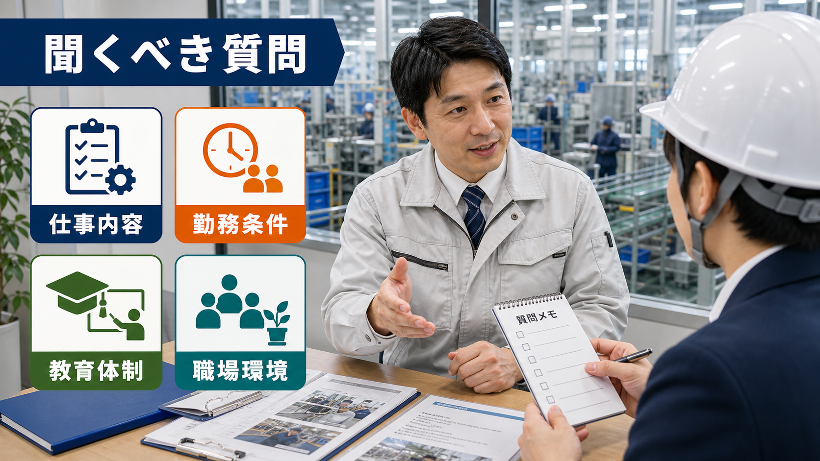 第9章「面接・見学・相談で聞くべき質問リスト」の要点を整理したインフォグラフィック。質問テンプレート10選。仕事内容・条件・教育・環境の4カテゴリに分け、各カテゴリに2〜3問の質問例を並べたリスト風