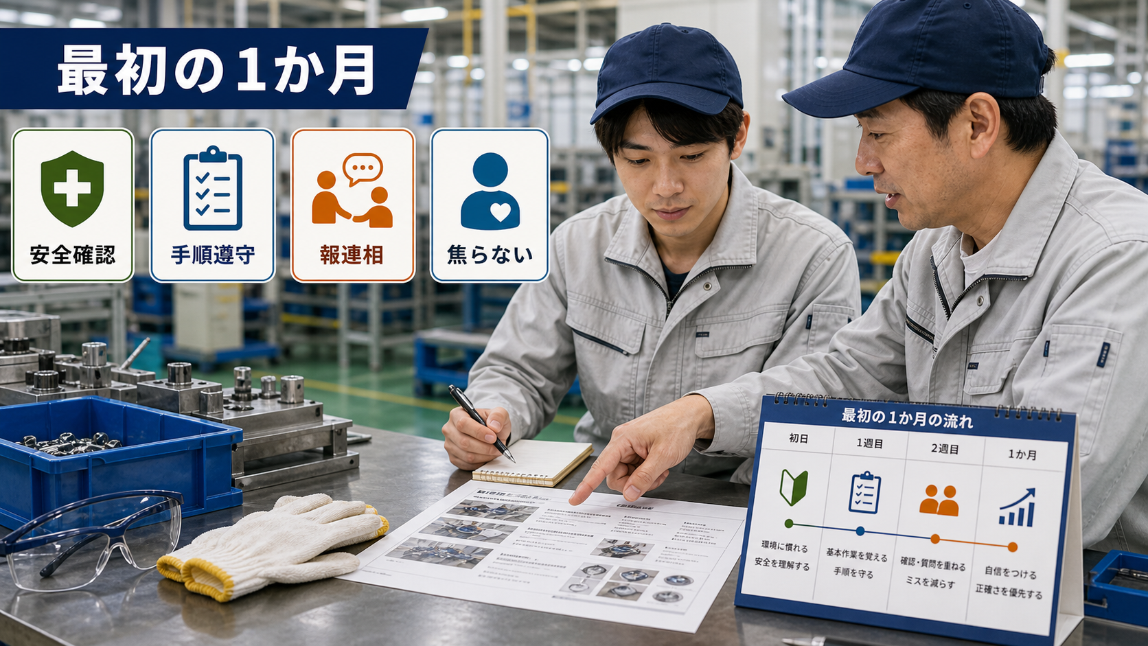 第9章「入社後の最初の1か月を乗り越えるための心構え」の要点を整理したインフォグラフィック。タイムライン形式で初日→1週目→2週目→1か月目を横に並べ、各時期の行動ポイントをアイコンと短文で示した図。安全確認・手順遵守・報連相・焦らないの4つの基本行動を軸に、未経験者が入社1か月目までに意識すべきことを整理。