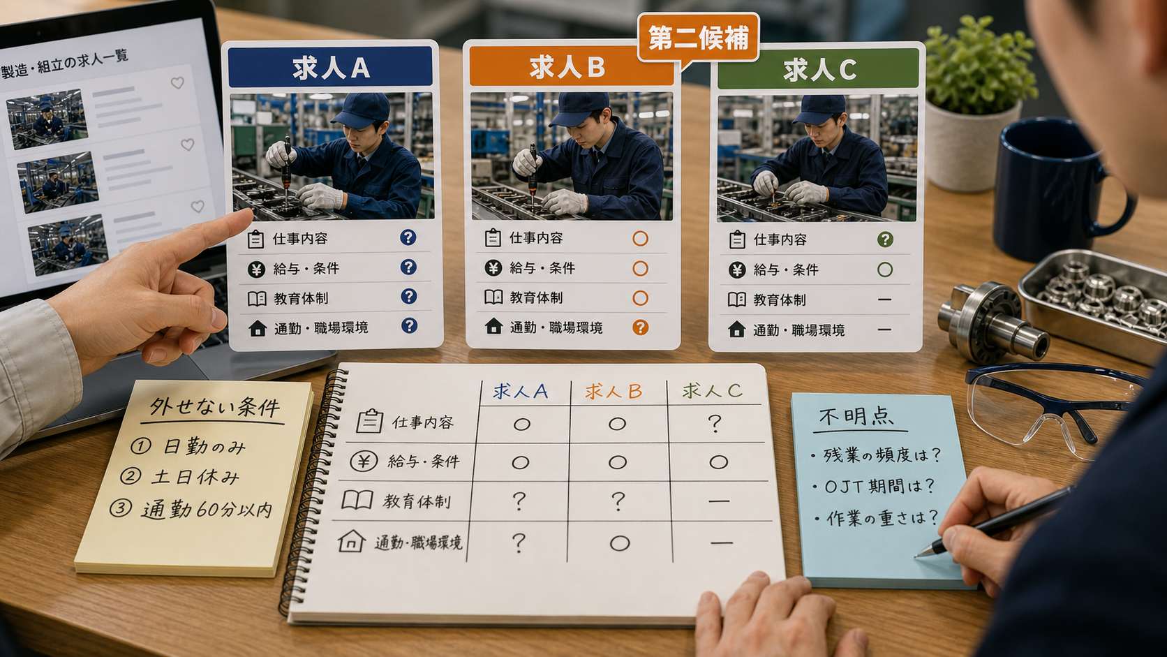 第9章「求人比較の実践 ─ 候補を並べて判断する方法」の要点を整理したインフォグラフィック。求人比較テンプレートの表イメージ。求人A・B・Cを横に並べ、仕事内容・給与・教育・環境の4行で比較。不明点は「？」マークで面談確認を示す。