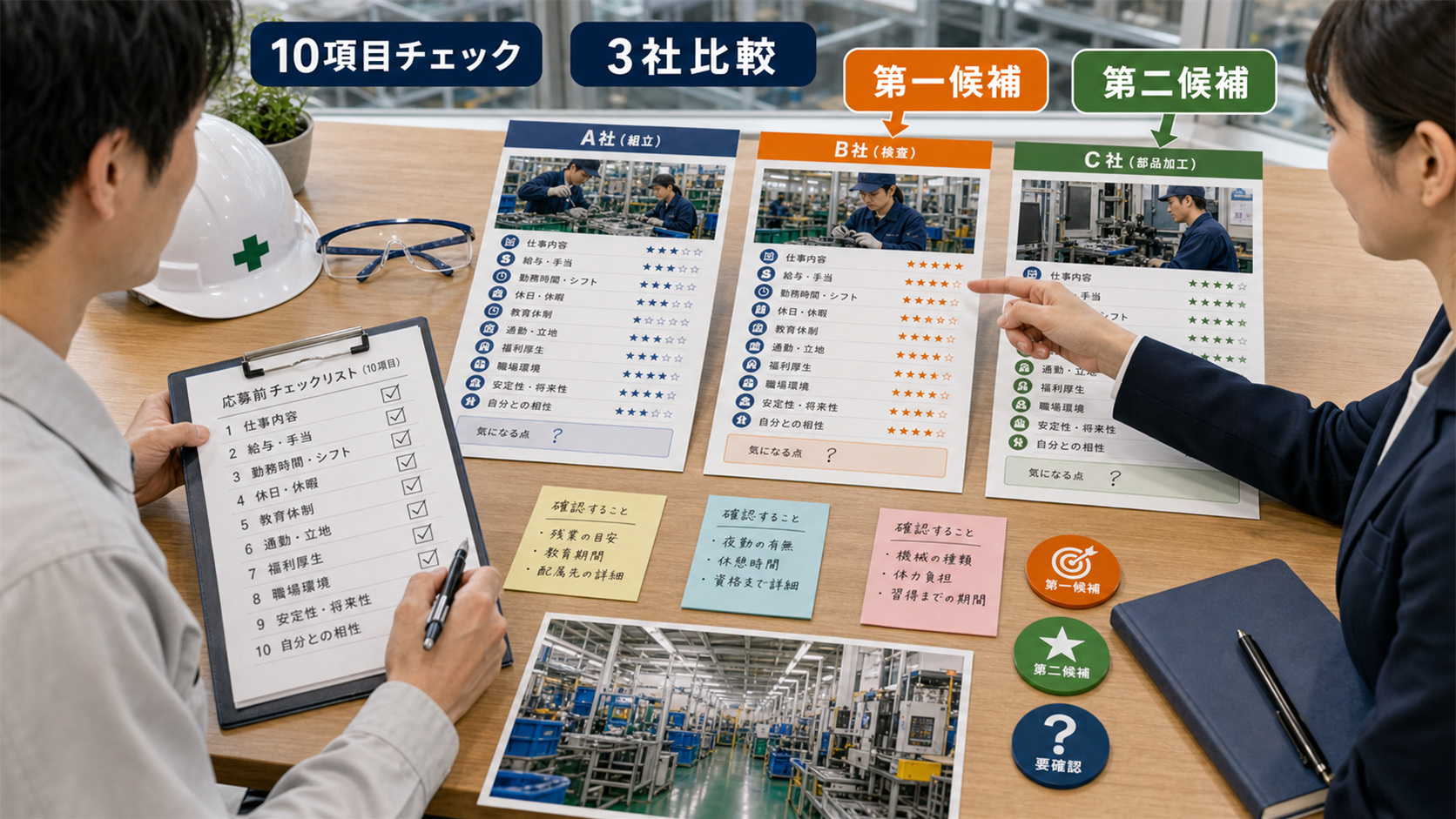 第9章「応募前チェックリストと3社比較表テンプレート」の要点を整理したインフォグラフィック。3枚の求人票が横に並び、共通の比較項目に沿ってチェックマークと×マークが入っている俯瞰写真風。付箋に「第一候補」「第二候補」と書かれている。