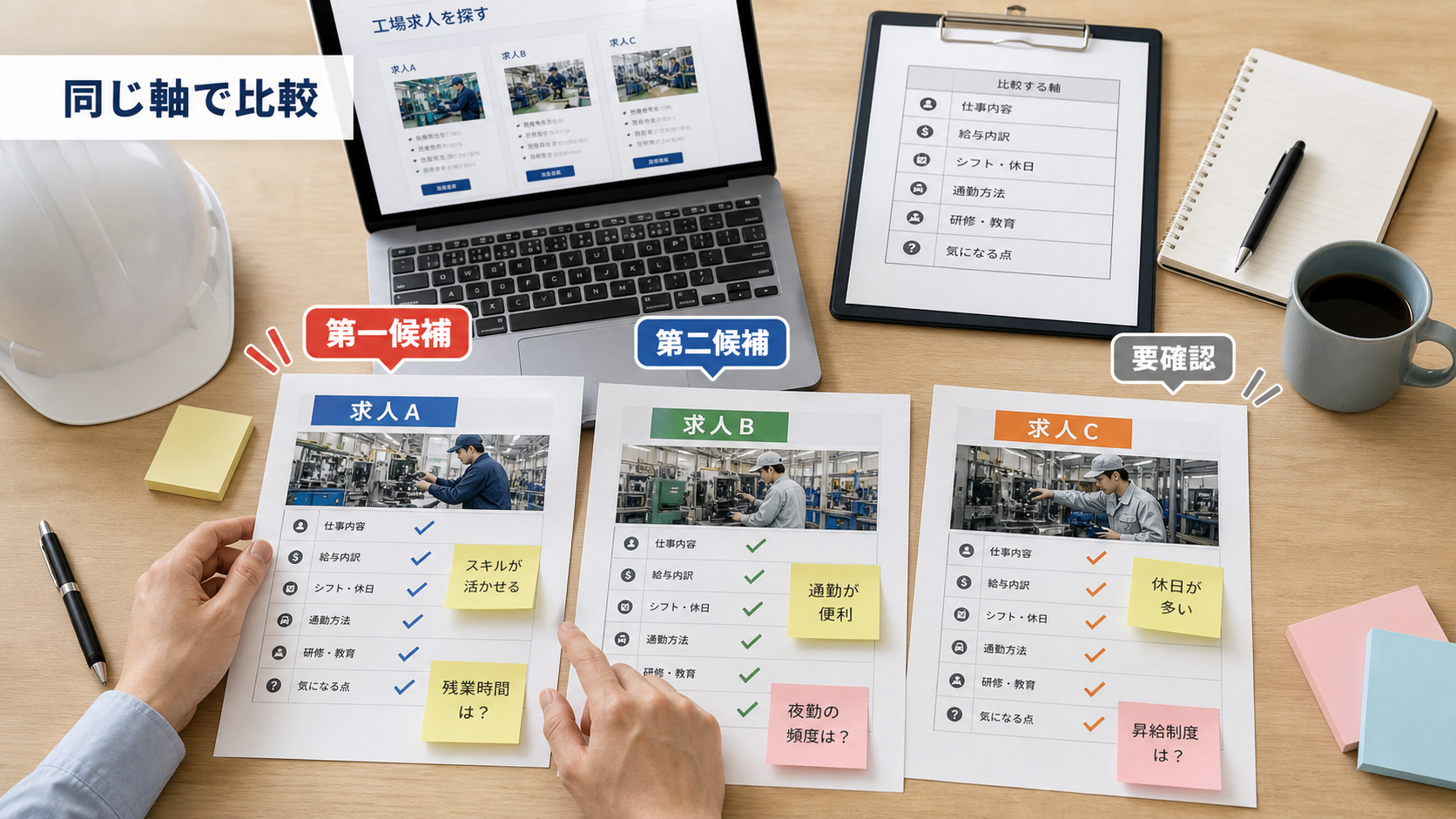 第9章「複数求人を同じ軸で比較する方法」の要点を整理したインフォグラフィック。気になる求人が2〜3件に絞れたら、次は「同じ項目」で横並びに比較する段階です。求人票ごとに書き方が異なるため、頭の中だけで比べると印象の強い情報に引っ張られがちです。ここでは比較表テンプレートを使い、判断軸を揃えて整理する方法を紹介します。