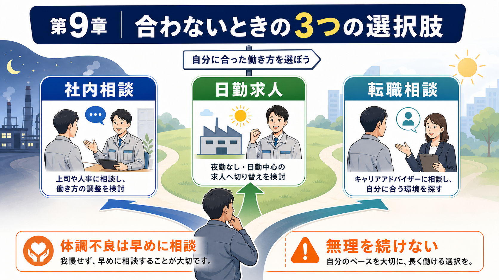 第9章「夜勤が合わないと感じたときの3つの選択肢」の要点を整理したインフォグラフィック。社内異動・夜勤なし転職・転職相談の3パターンをメリット・デメリット・向いている人で比較し、収入面の不安にも触れながら次の行動を促す分岐フロー図解