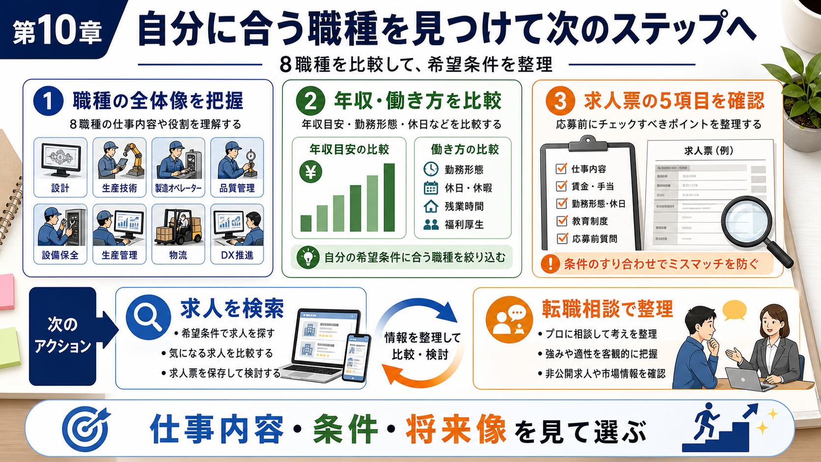 第10章「自分に合う職種を見つけて次のステップへ」の要点を整理したインフォグラフィック。記事の要点3つを左に、求人検索・転職相談のCTAボタンを右に配置したまとめ図。読者の次のアクションが一目で分かる構成。