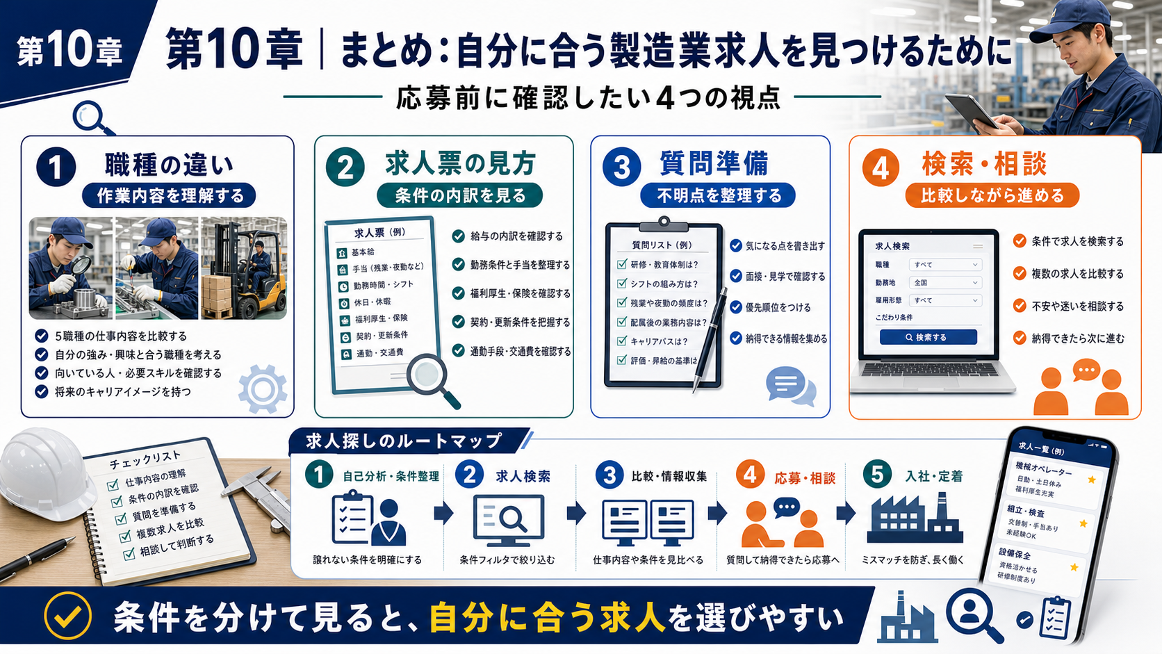 第10章「まとめ：自分に合う製造業求人を見つけるために」の要点を整理したインフォグラフィック。全章の要点を職種選び・条件確認・応募準備の3つの柱で振り返るチェックリスト風のまとめ図